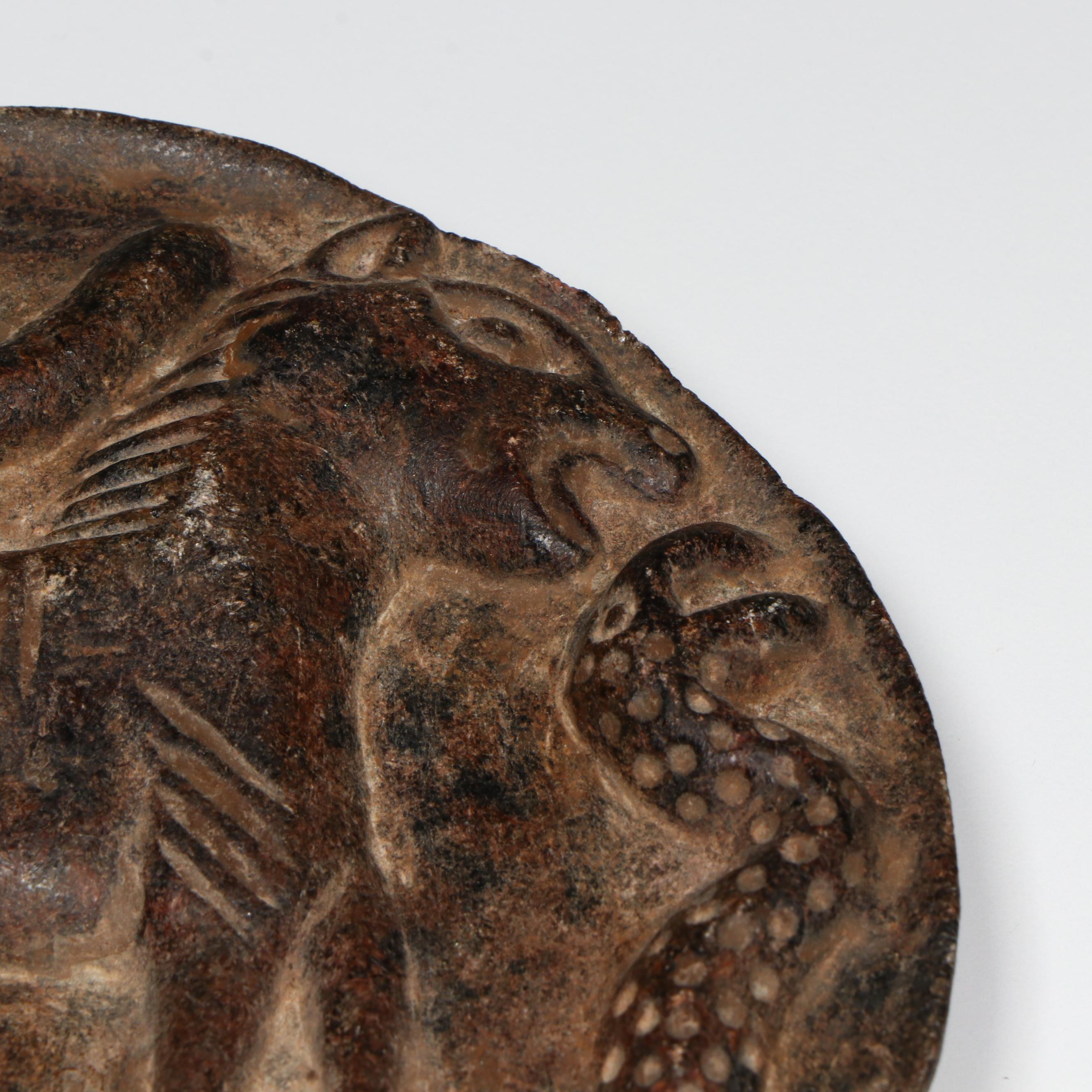 Ancient Near Eastern Sasanian Carved Stone Tiger and Snake Plaque