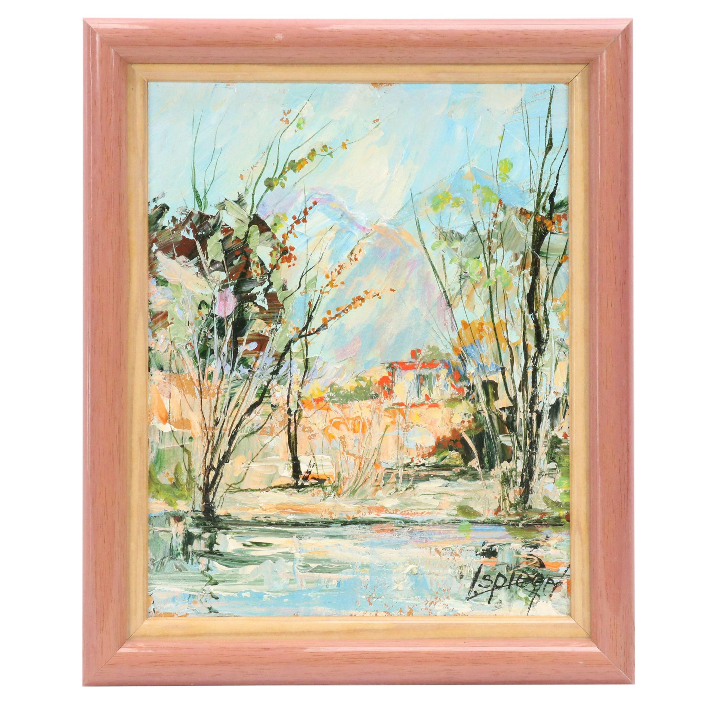 Louis Spiegel Landscape Impasto Oil Painting of Riverfront House, 1969