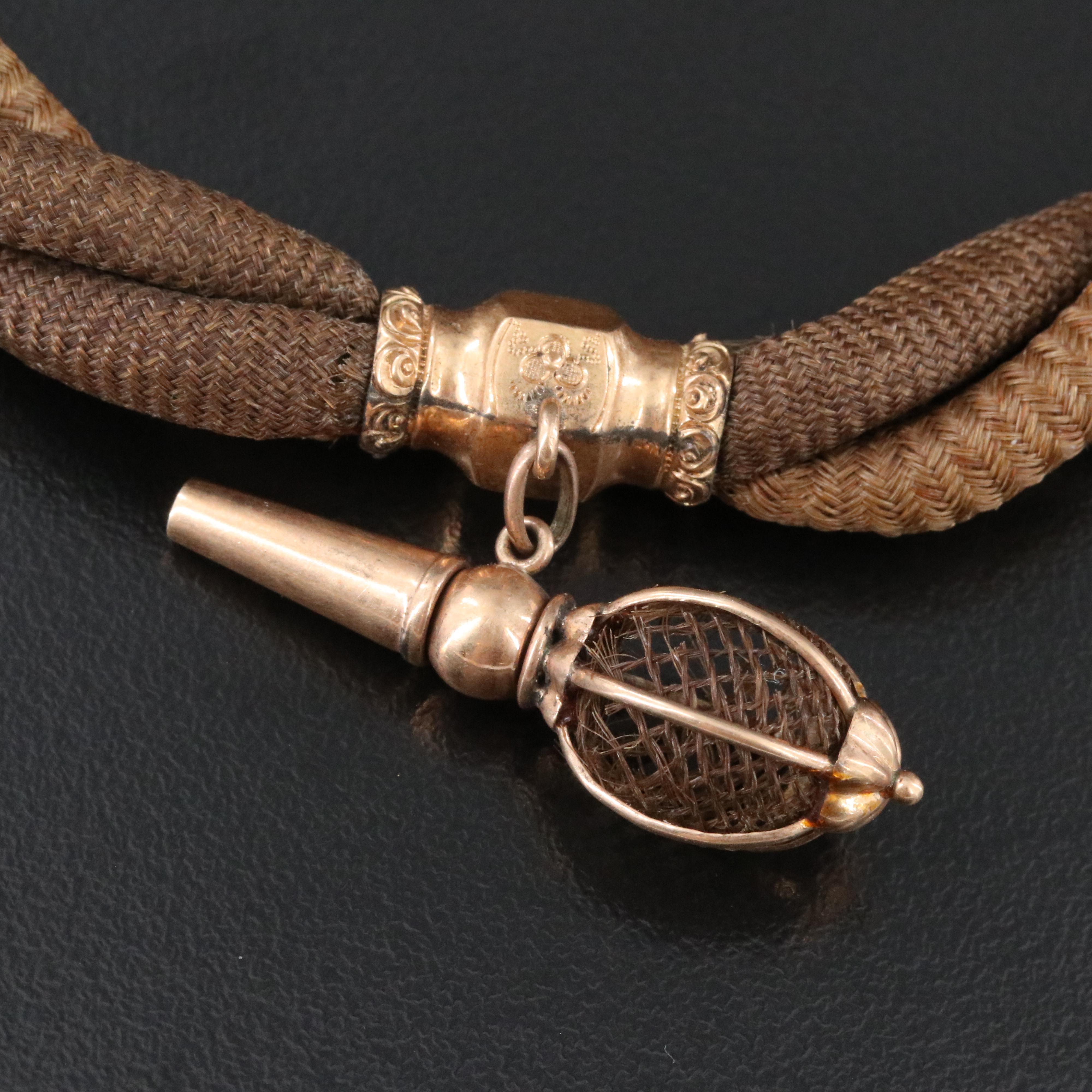 Victorian Braided Hair Work Watch Chain with Watch Key Fob Charm