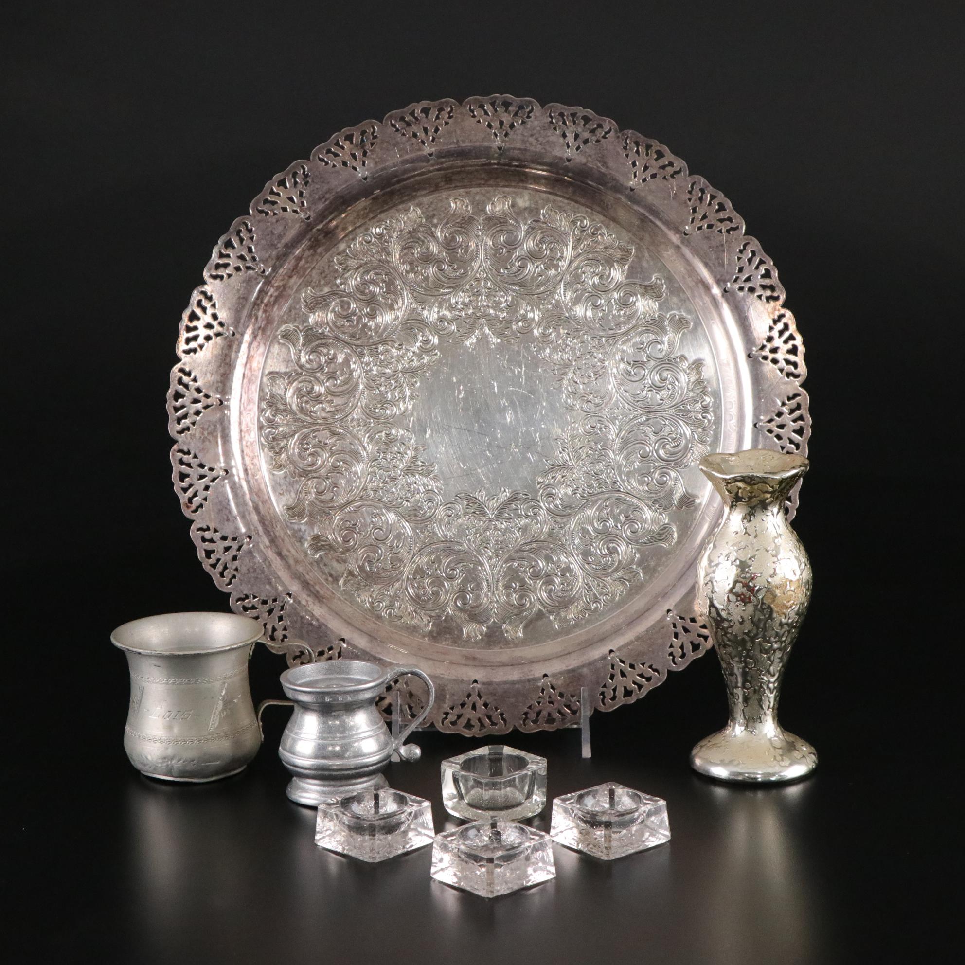 Silver Plate Round Serving Tray with Glass Salt Cellars, Metal Cups, and Vase