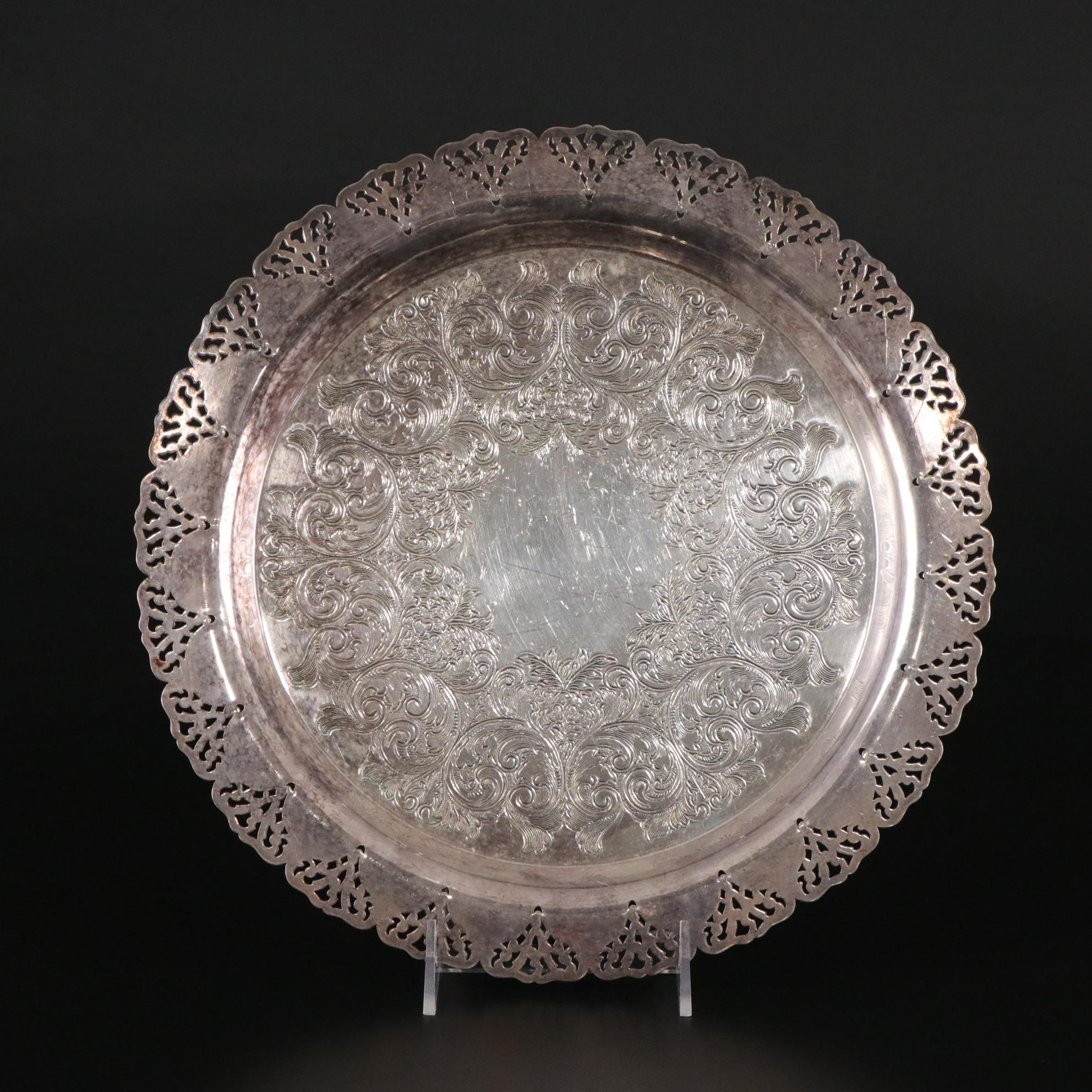 Silver Plate Round Serving Tray with Glass Salt Cellars, Metal Cups, and Vase