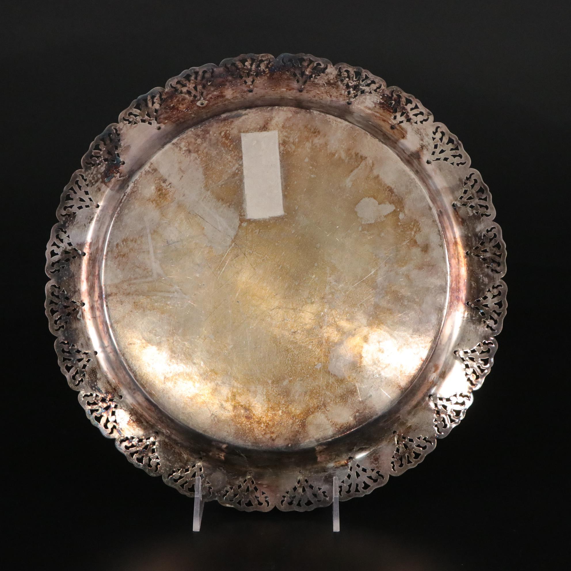 Silver Plate Round Serving Tray with Glass Salt Cellars, Metal Cups, and Vase