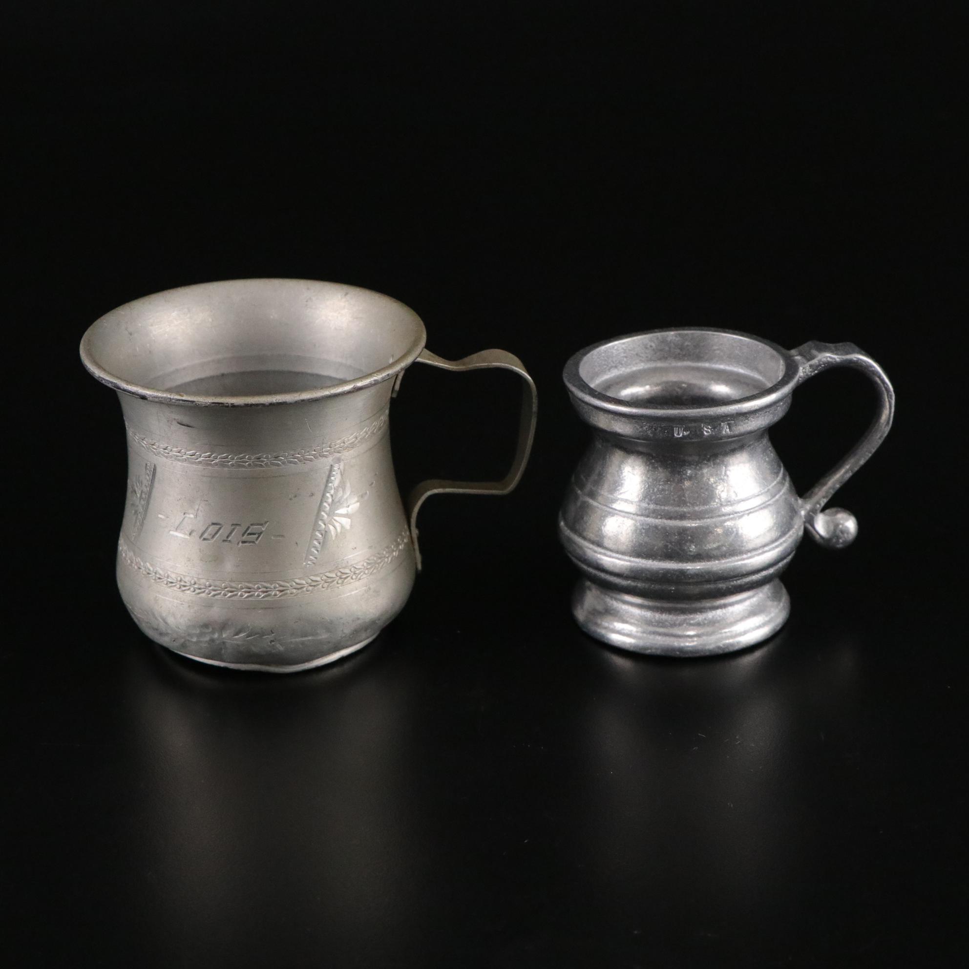 Silver Plate Round Serving Tray with Glass Salt Cellars, Metal Cups, and Vase