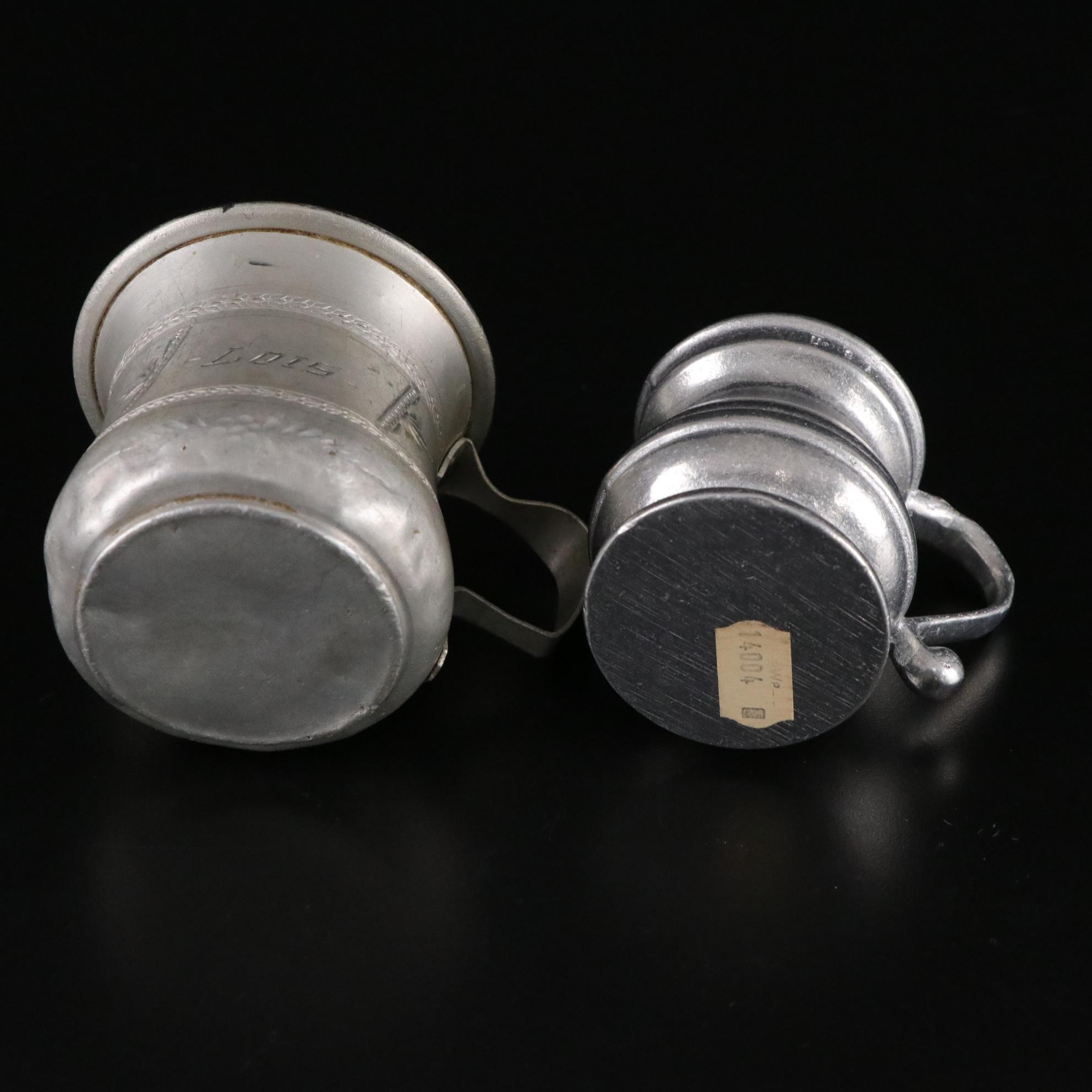 Silver Plate Round Serving Tray with Glass Salt Cellars, Metal Cups, and Vase