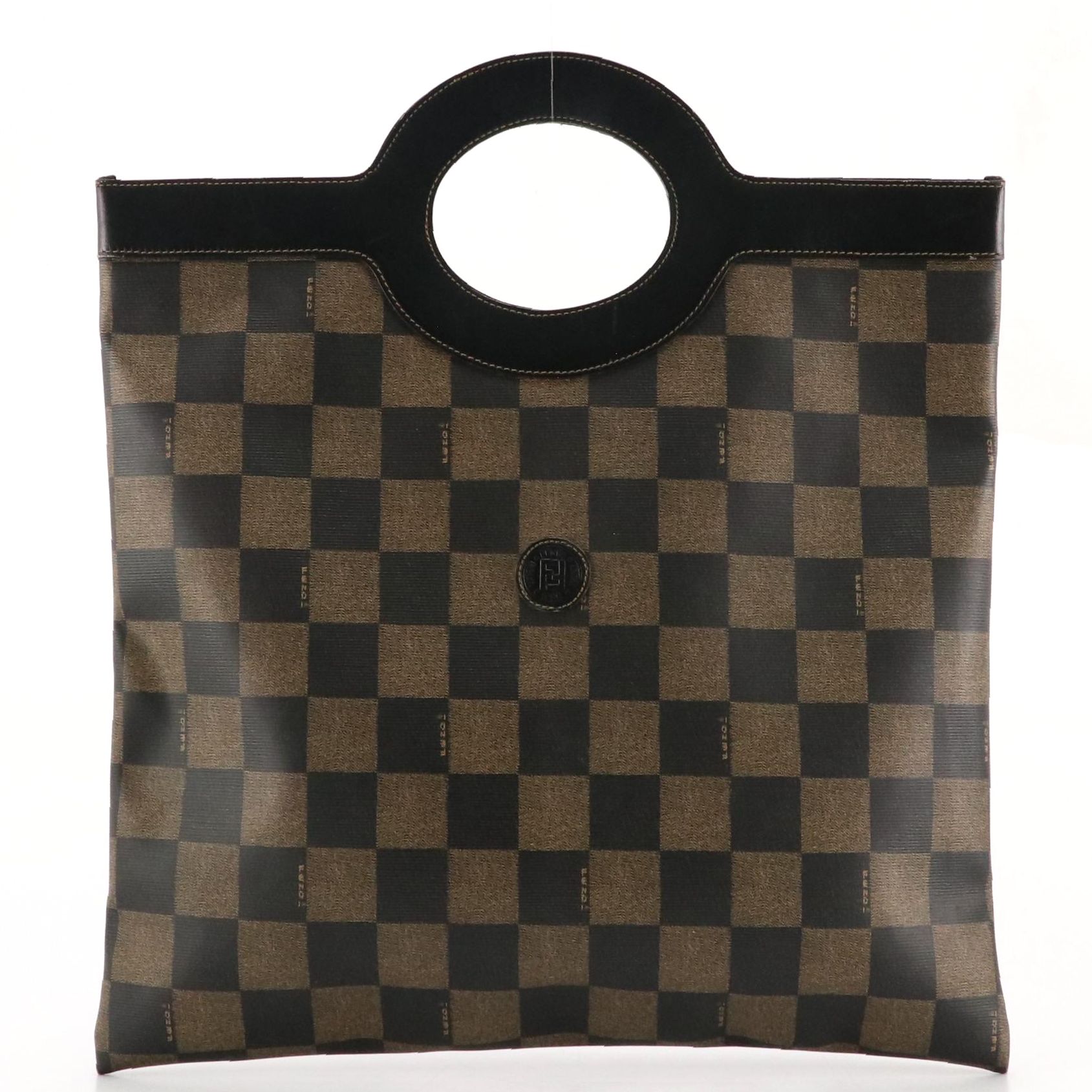 Fendi Handbag Tote in Checked Canvas and Black Leather Trim