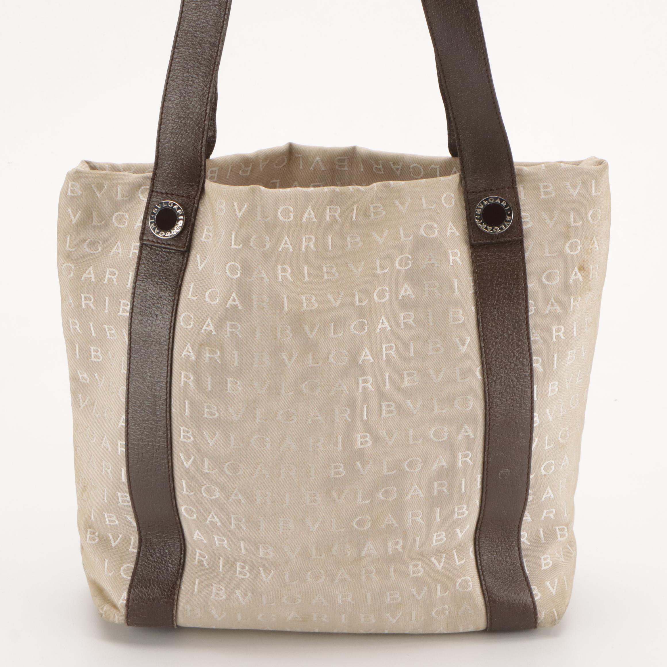 BVLGARI Logo Nylon Jacquard Tote Bag and Long Flap Wallet with Leather Trim