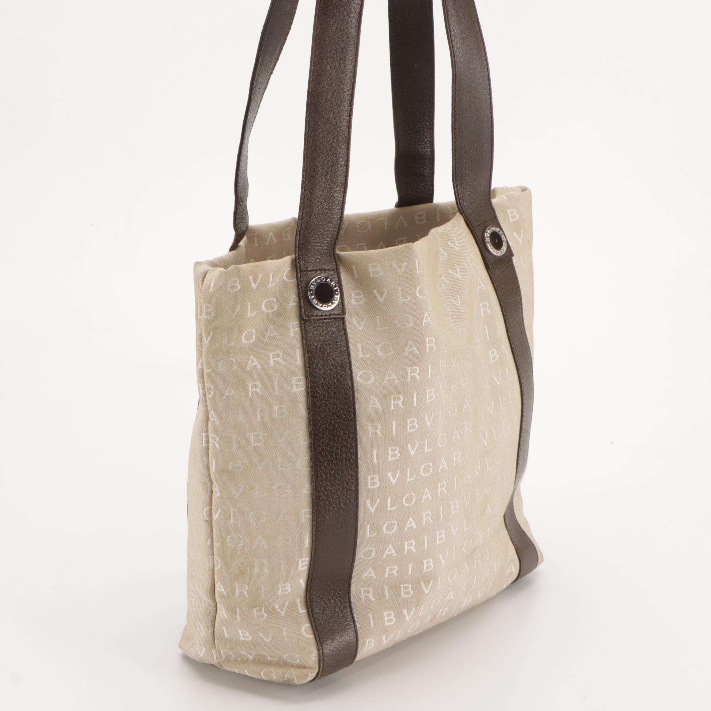 BVLGARI Logo Nylon Jacquard Tote Bag and Long Flap Wallet with Leather Trim