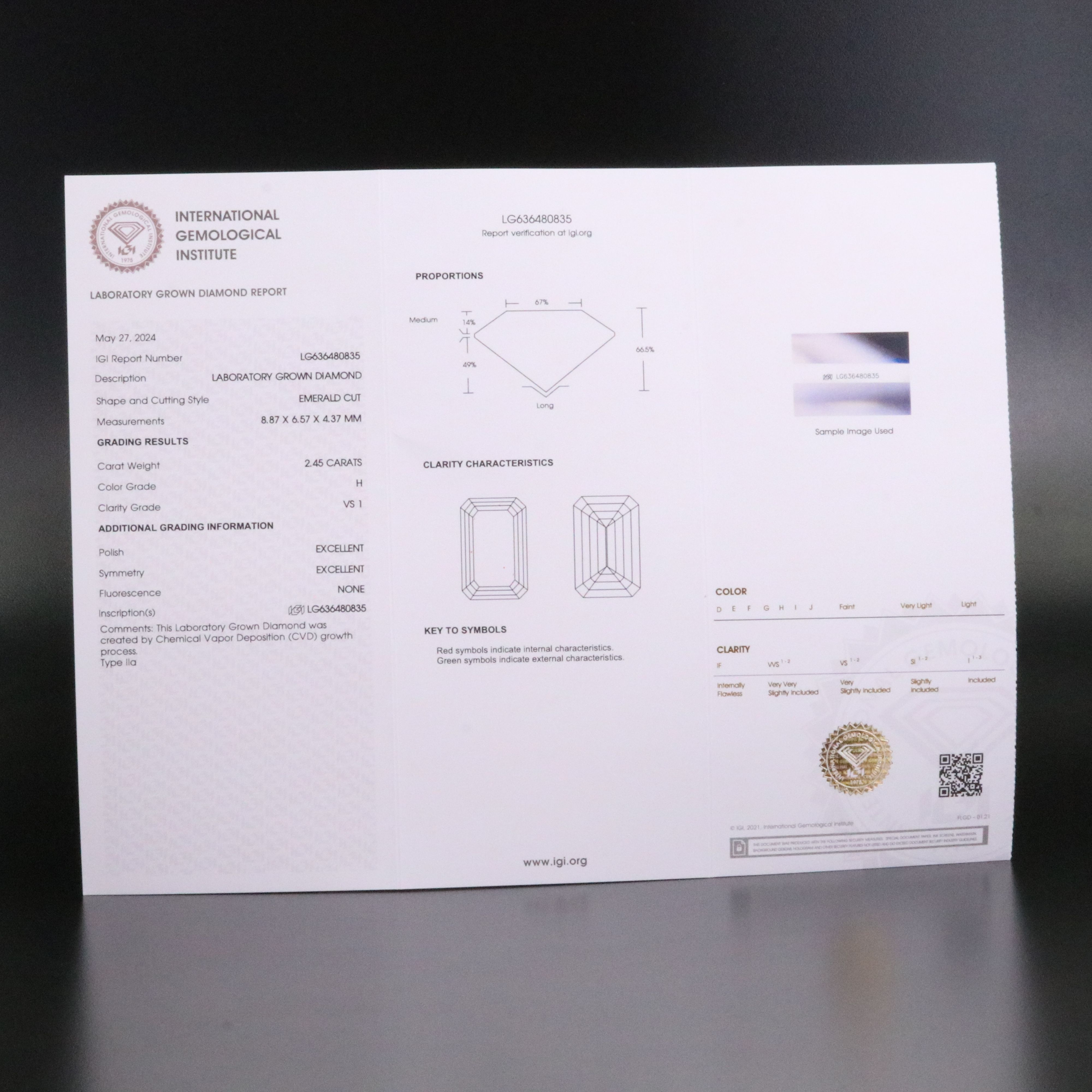 Loose 2.45 CT Lab Grown Diamond with IGI Report