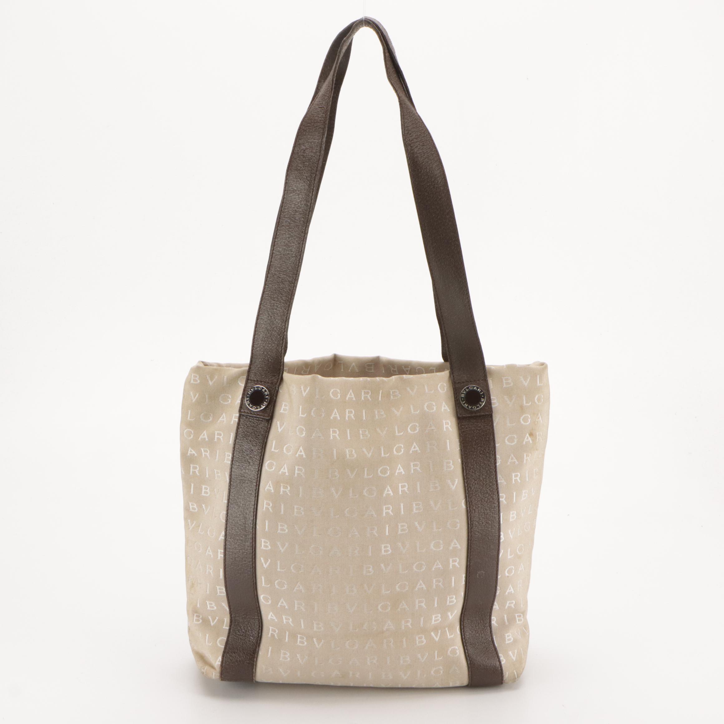 BVLGARI Logo Nylon Jacquard Tote Bag and Long Flap Wallet with Leather Trim