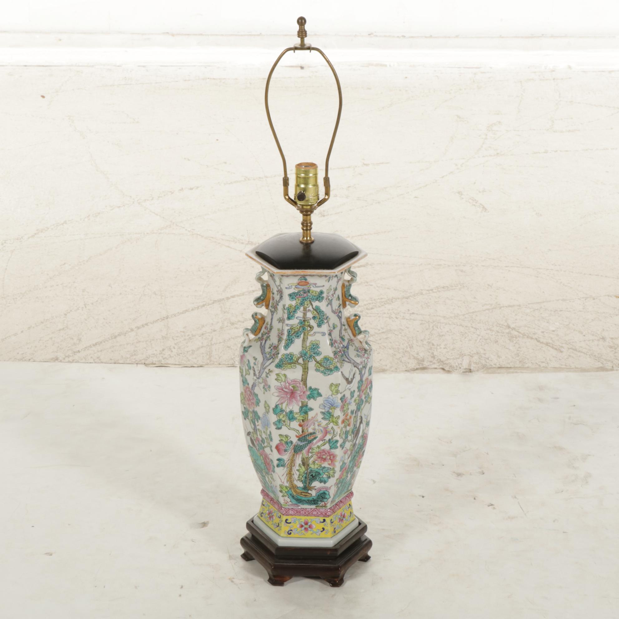 Chinese Porcelain Famille Rose Hexagon Vase Table Lamp and Silk True Bell Shade