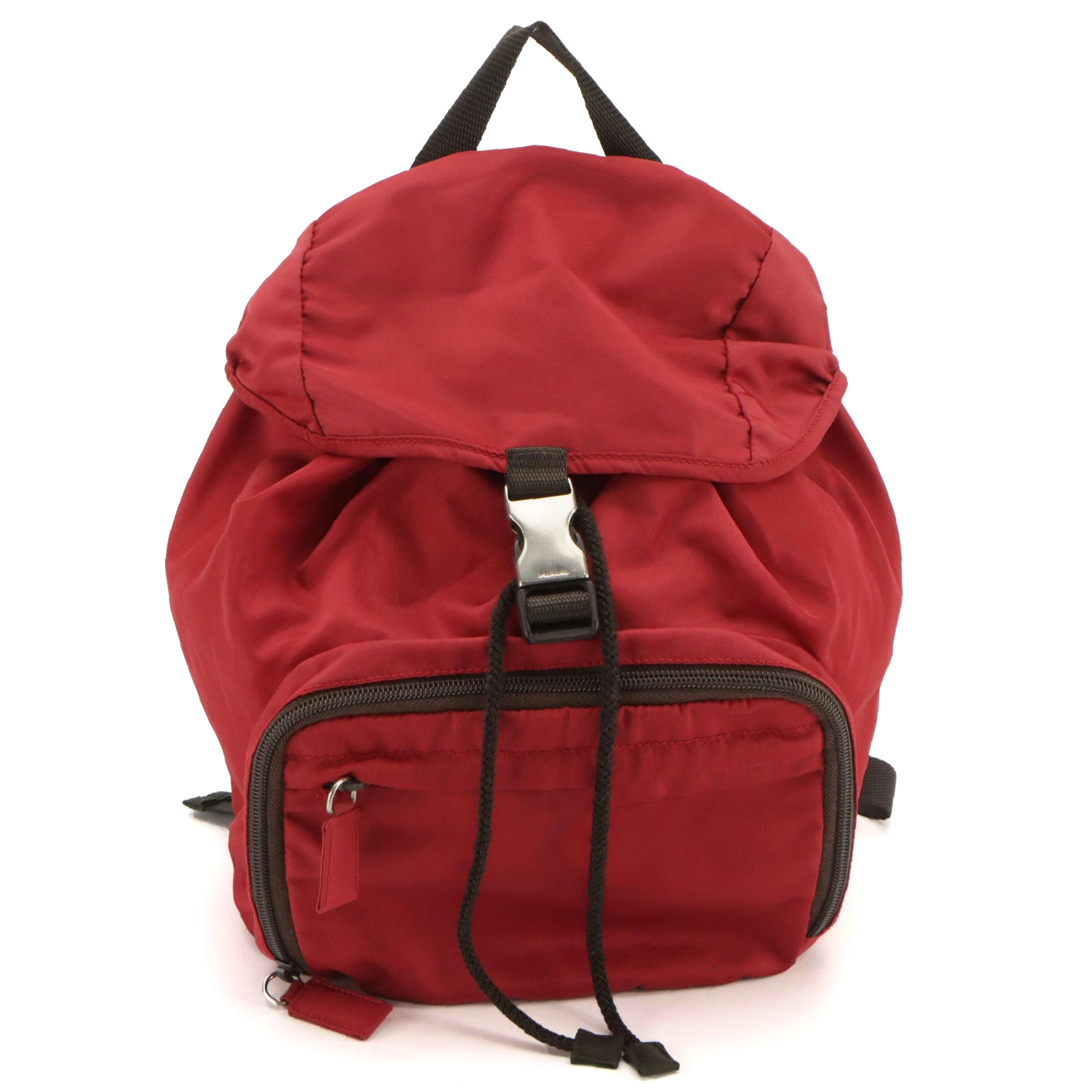 Prada Front Pocket Drawstring Backpack in Red Tessuto Nylon and Canvas