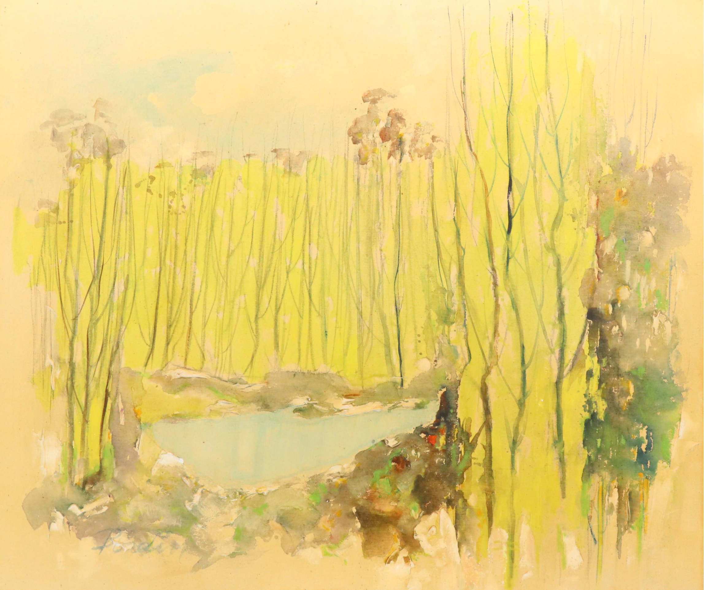 John Bordin Landscape Oil on Canvas of Vernal Pool, Mid-20th C.