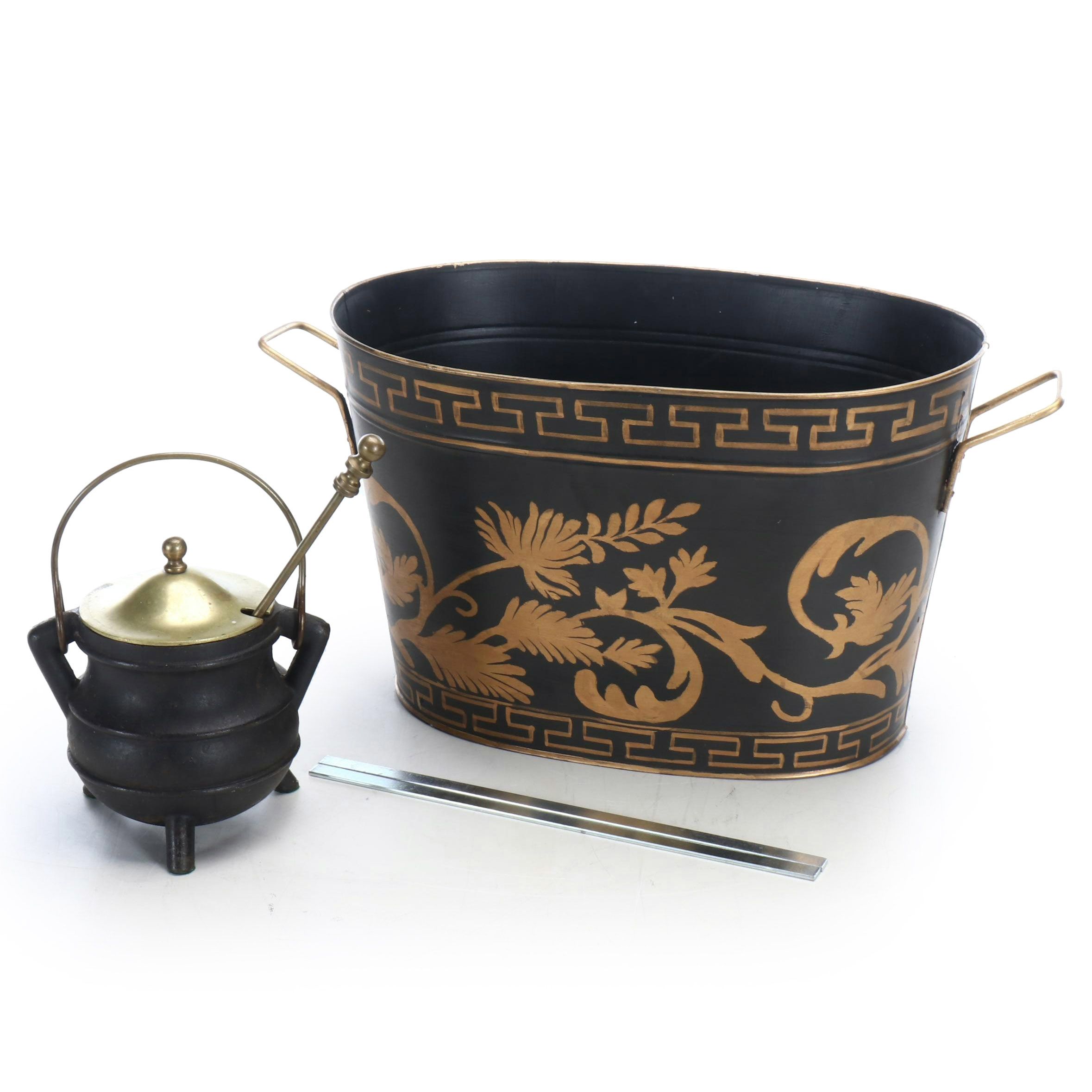 Neoclassical Style Sterling Industries Oval Tub with Iron and Brass Smudge Pot