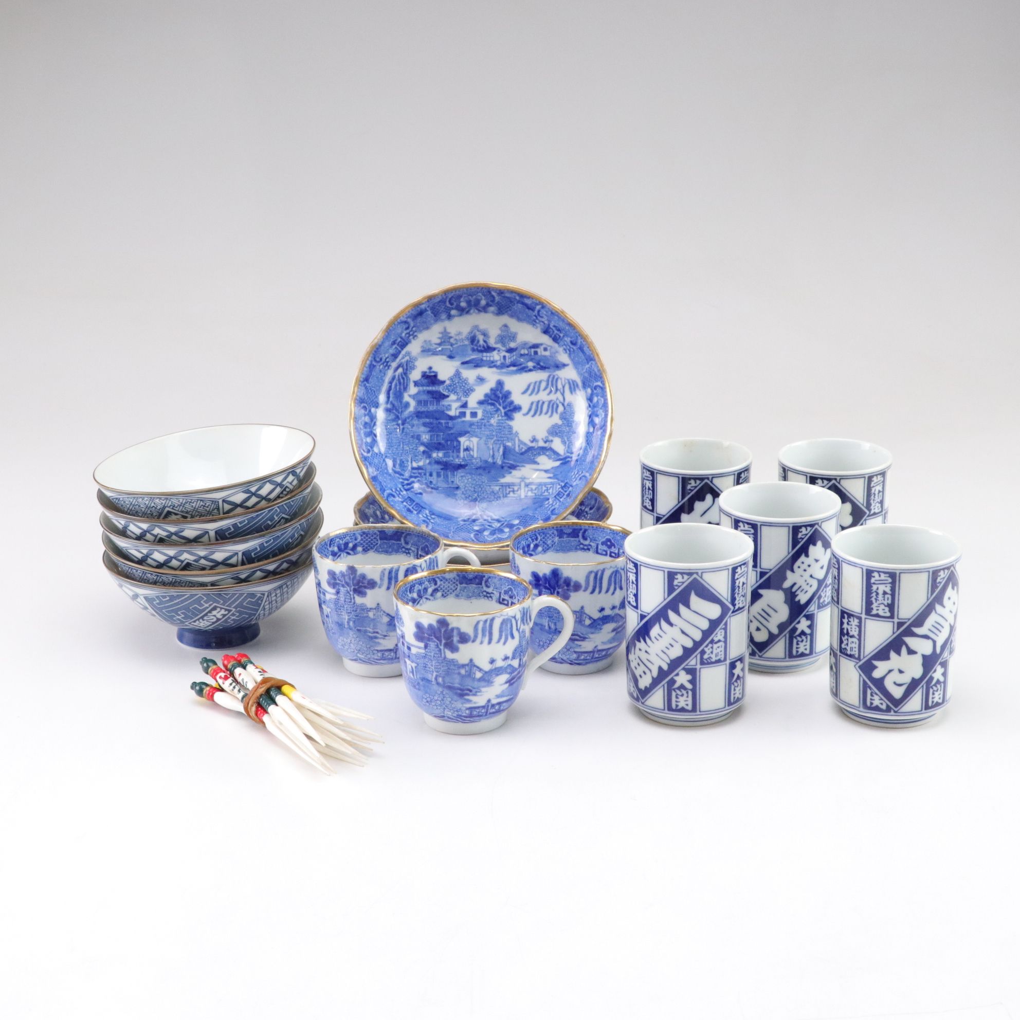 Japanese Porcelain Rice Bowls and Tea Cups with Blue Transferware Coffee Cups