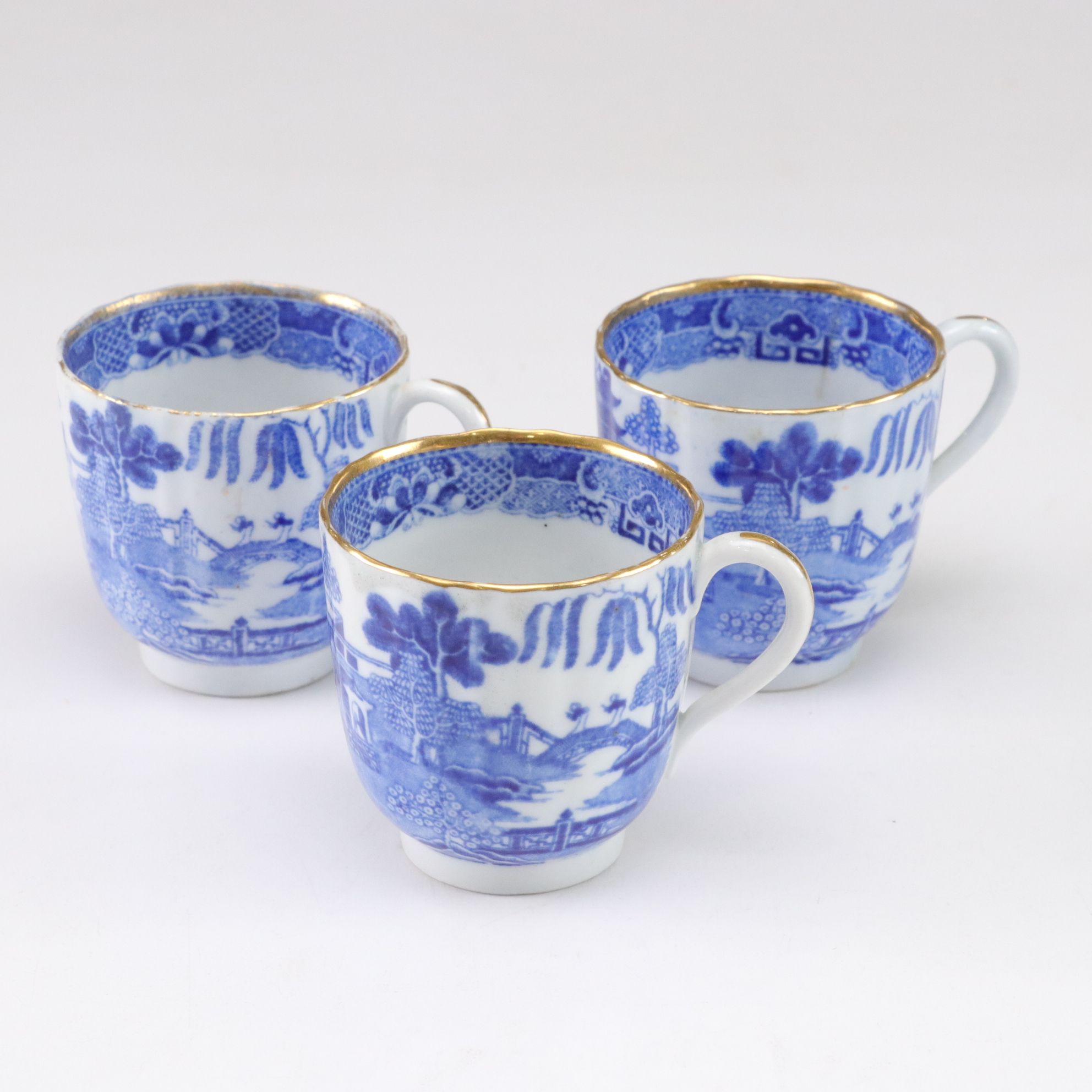 Japanese Porcelain Rice Bowls and Tea Cups with Blue Transferware Coffee Cups