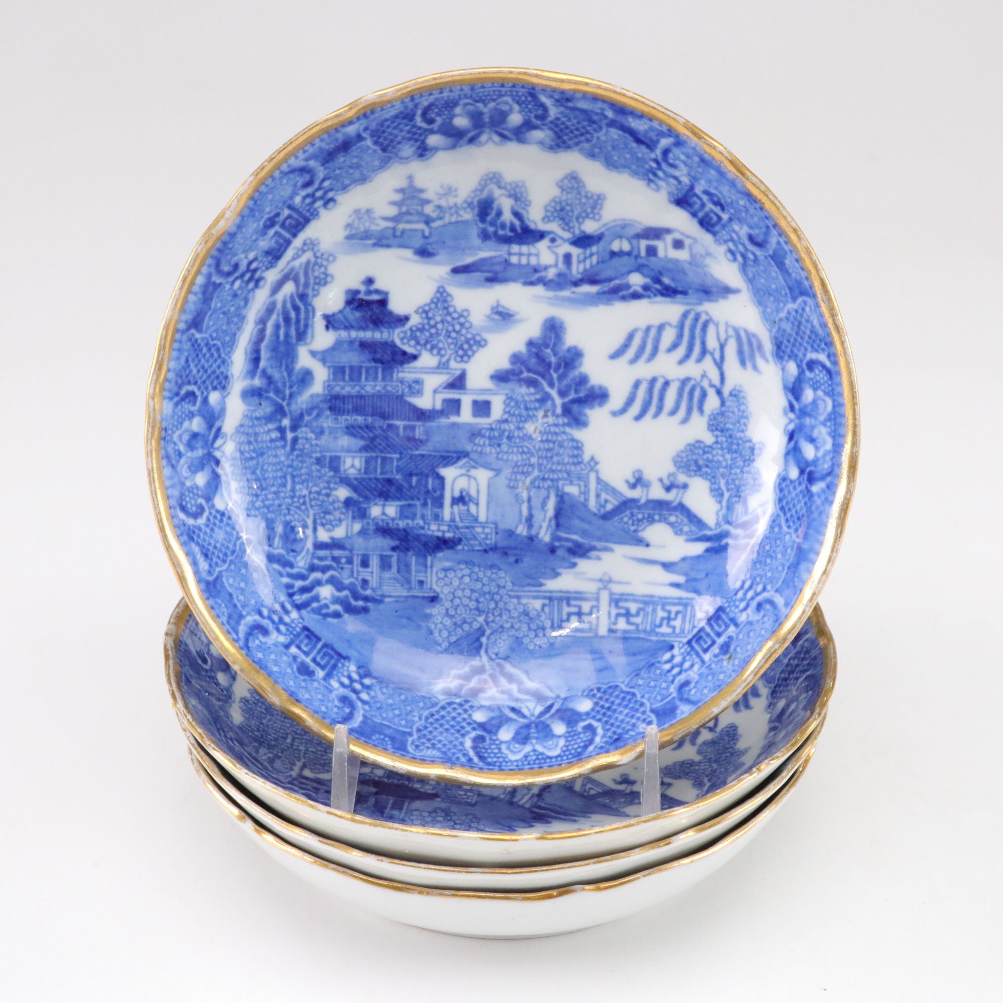 Japanese Porcelain Rice Bowls and Tea Cups with Blue Transferware Coffee Cups