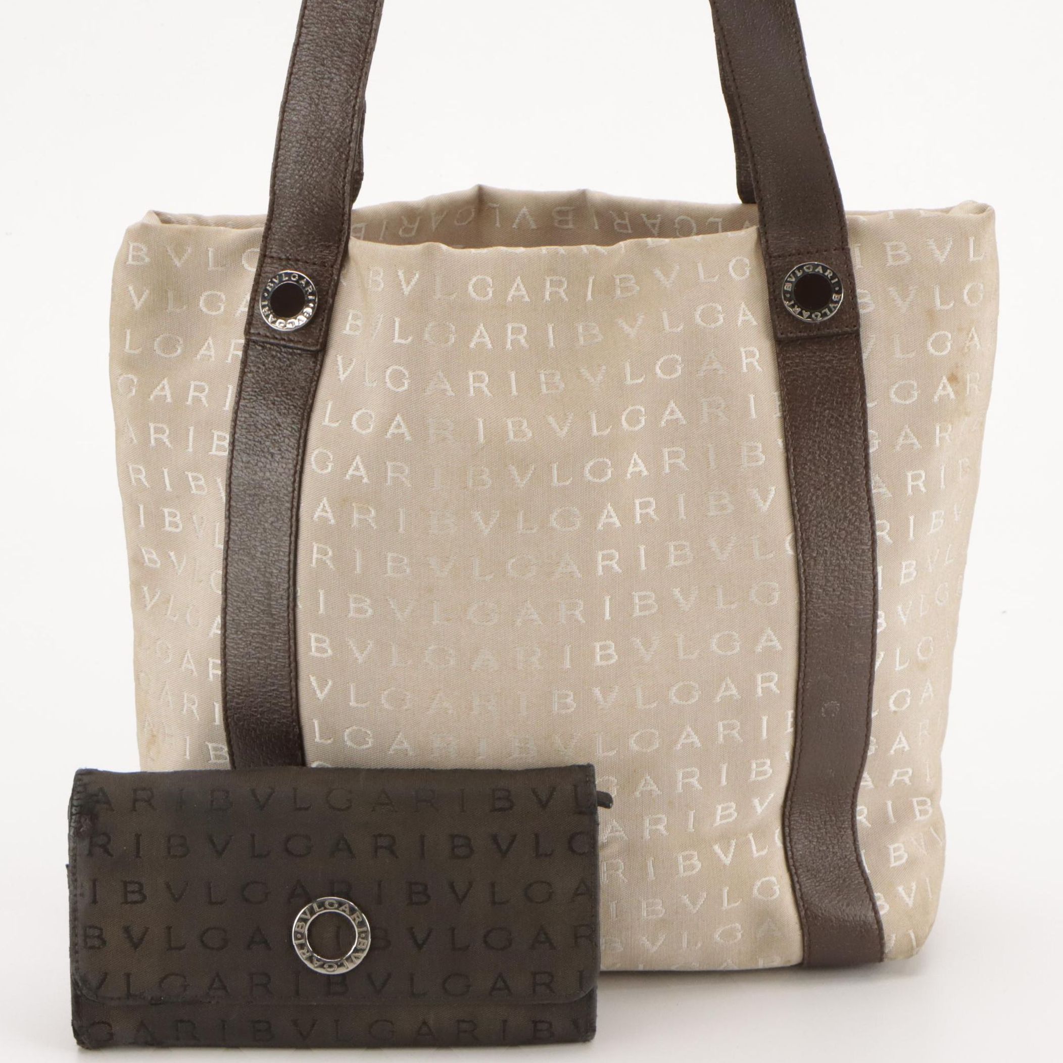 BVLGARI Logo Nylon Jacquard Tote Bag and Long Flap Wallet with Leather Trim