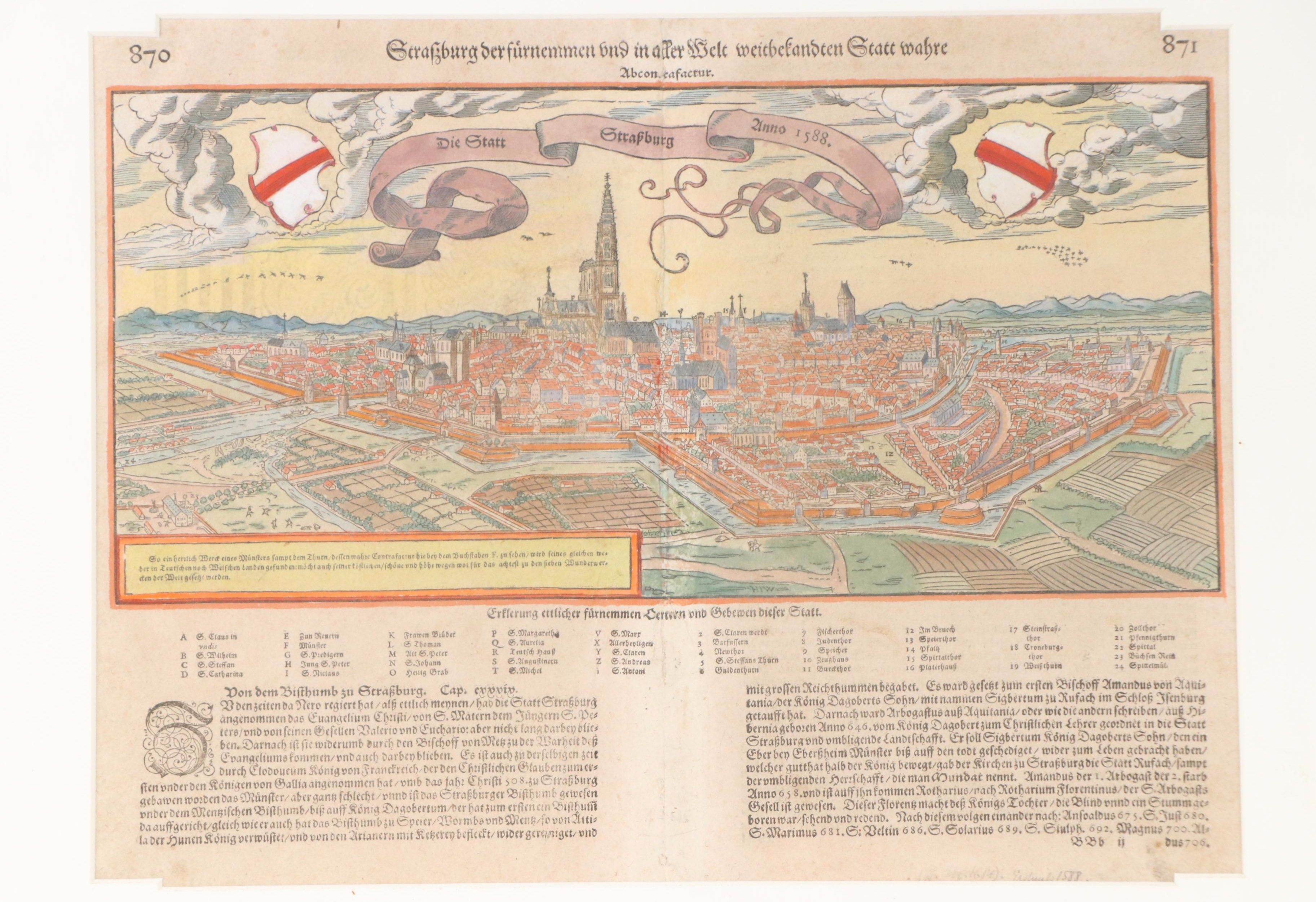Sebastian Münster Antique Wood Engraving "Die Statt Strazbourg"