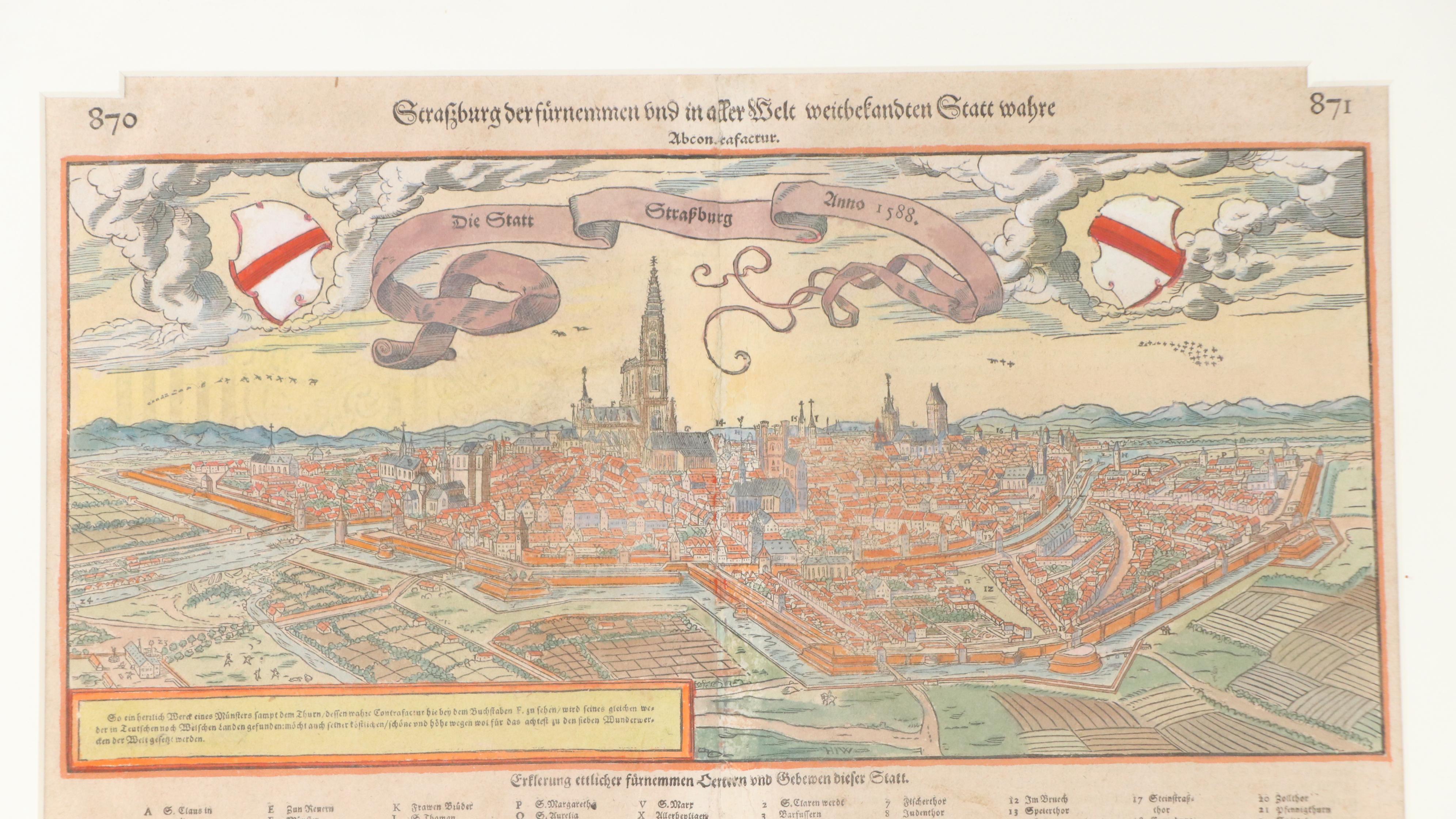 Sebastian Münster Antique Wood Engraving "Die Statt Strazbourg"