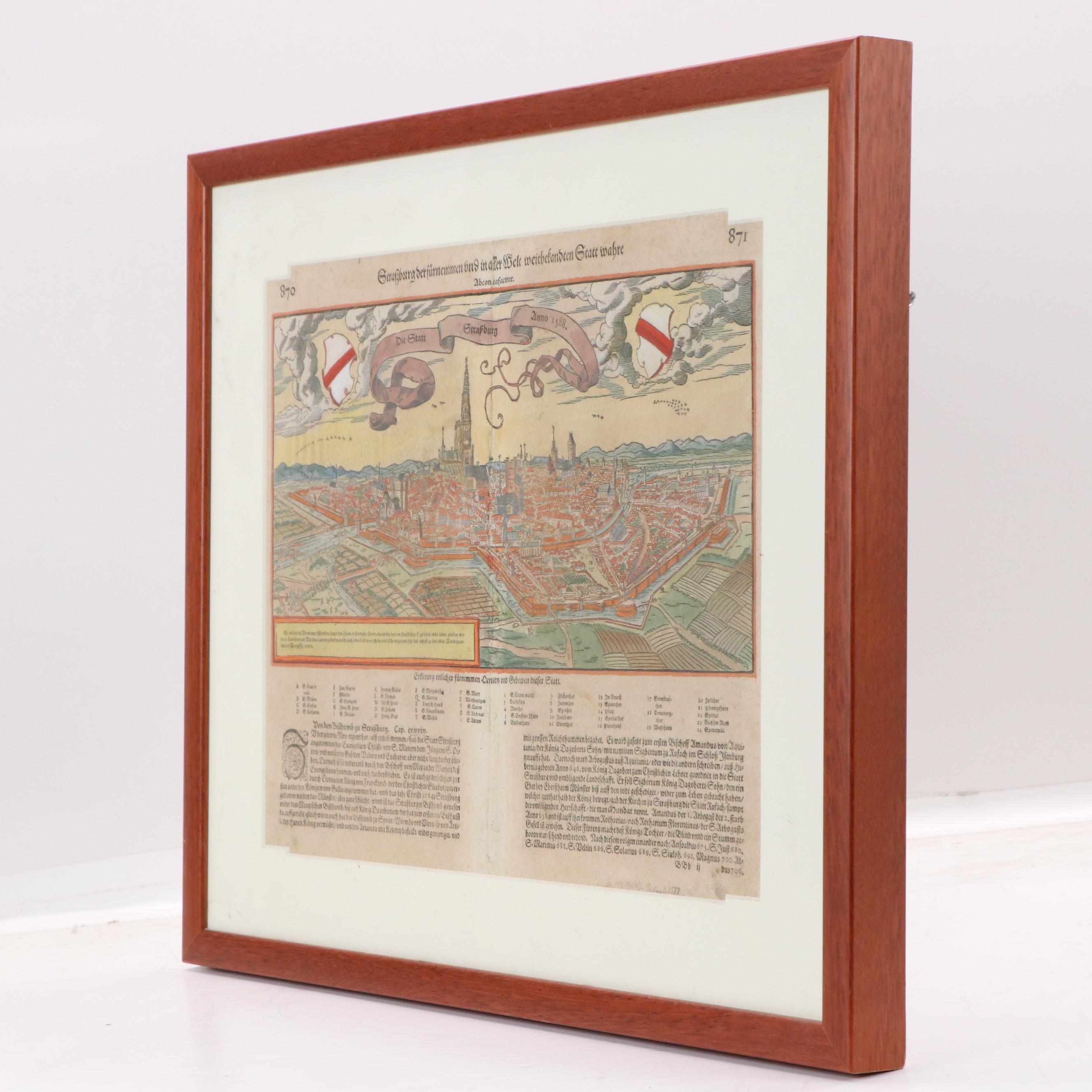 Sebastian Münster Antique Wood Engraving "Die Statt Strazbourg"