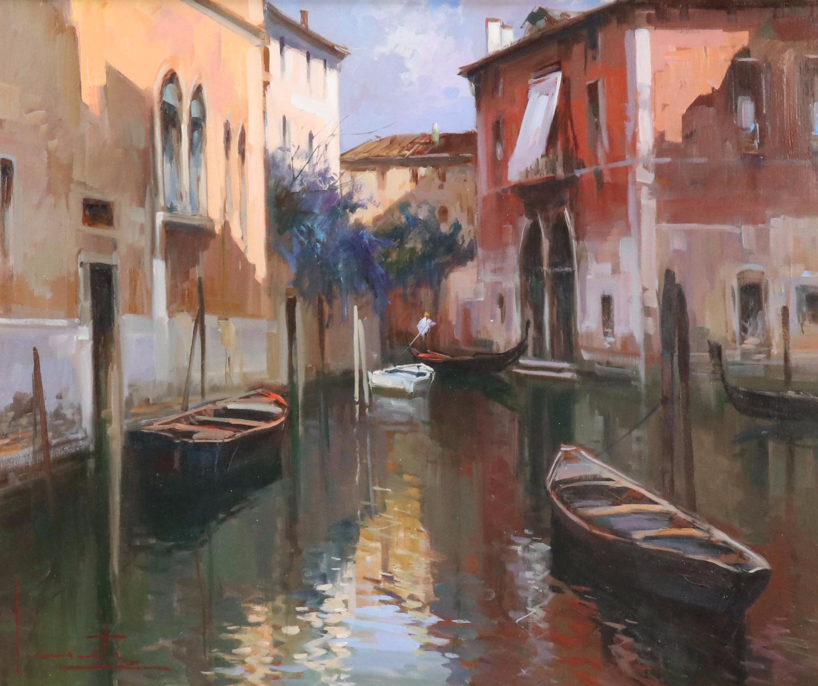 Claudio Simonetti Oil Painting of Venetian Canal with Gondolas