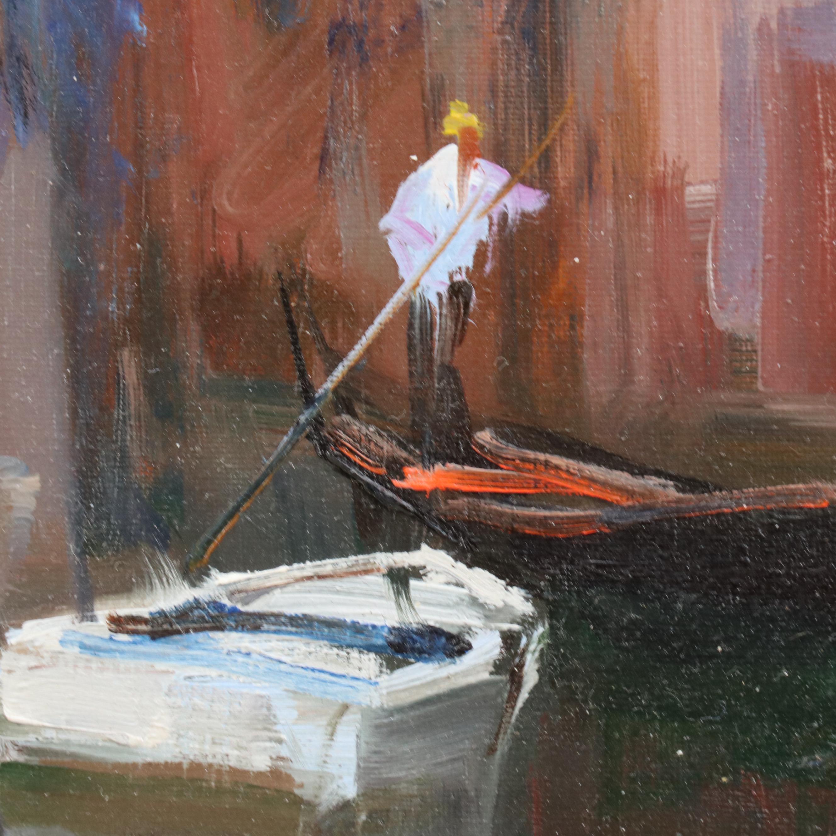 Claudio Simonetti Oil Painting of Venetian Canal with Gondolas