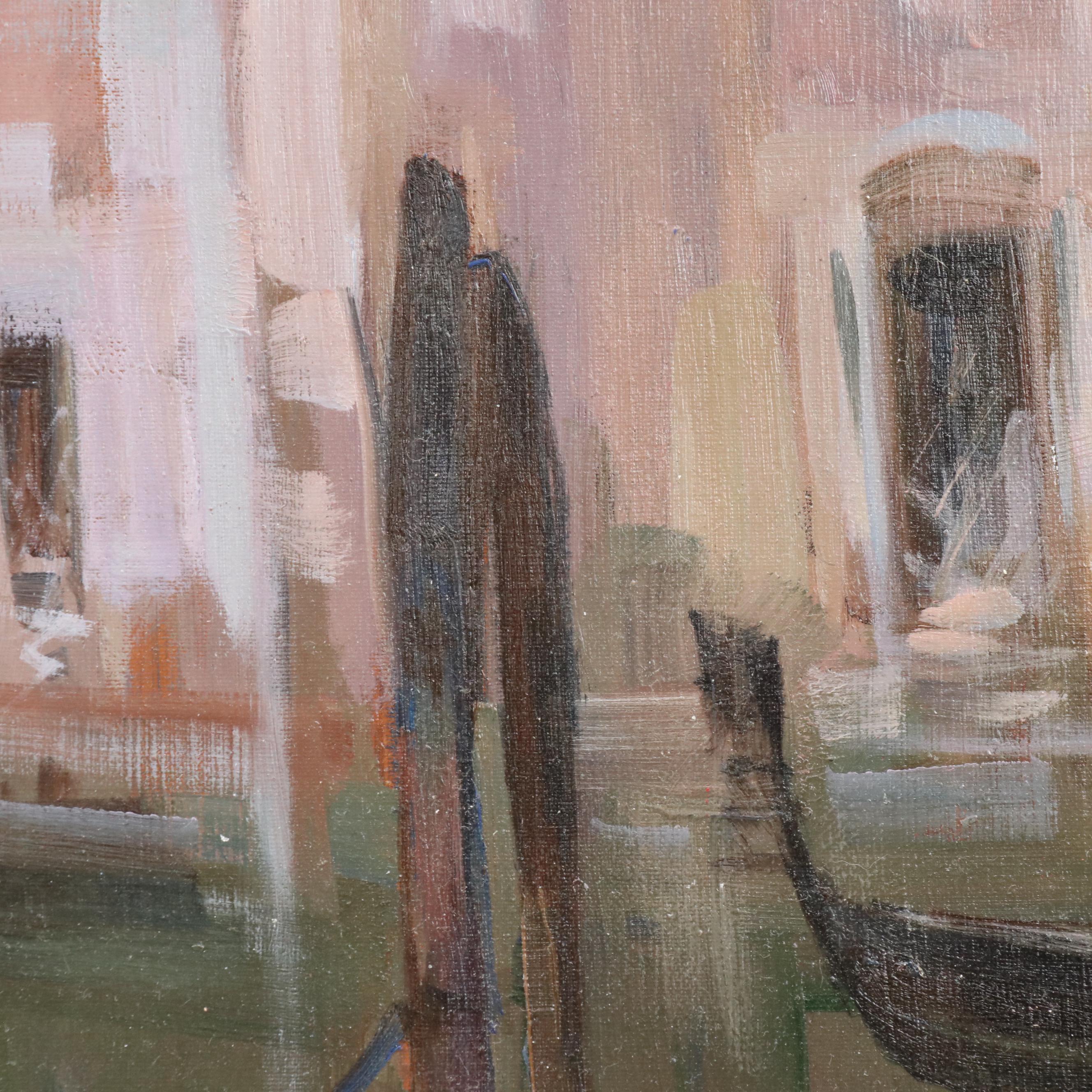 Claudio Simonetti Oil Painting of Venetian Canal with Gondolas