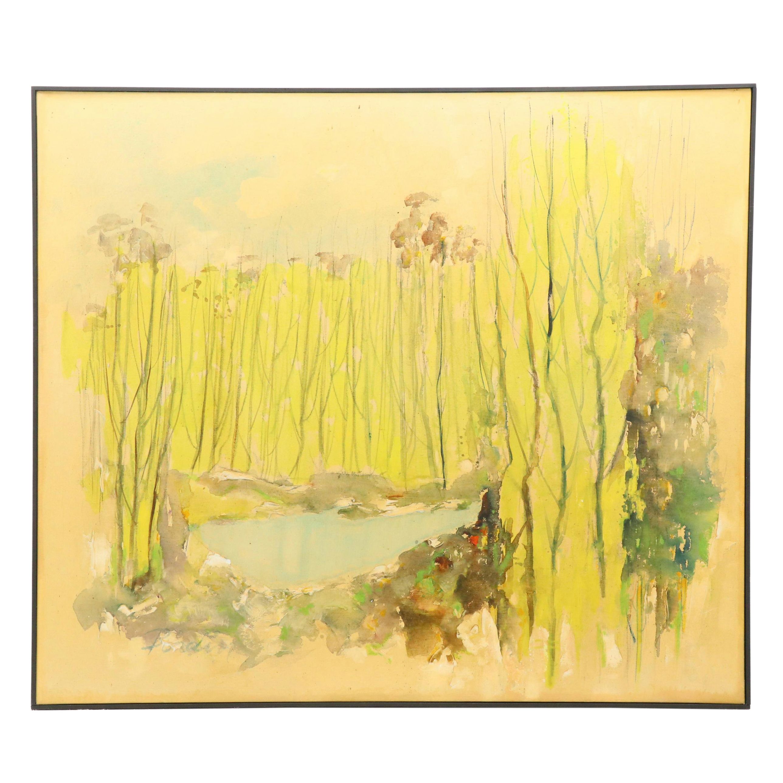 John Bordin Landscape Oil on Canvas of Vernal Pool, Mid-20th C.