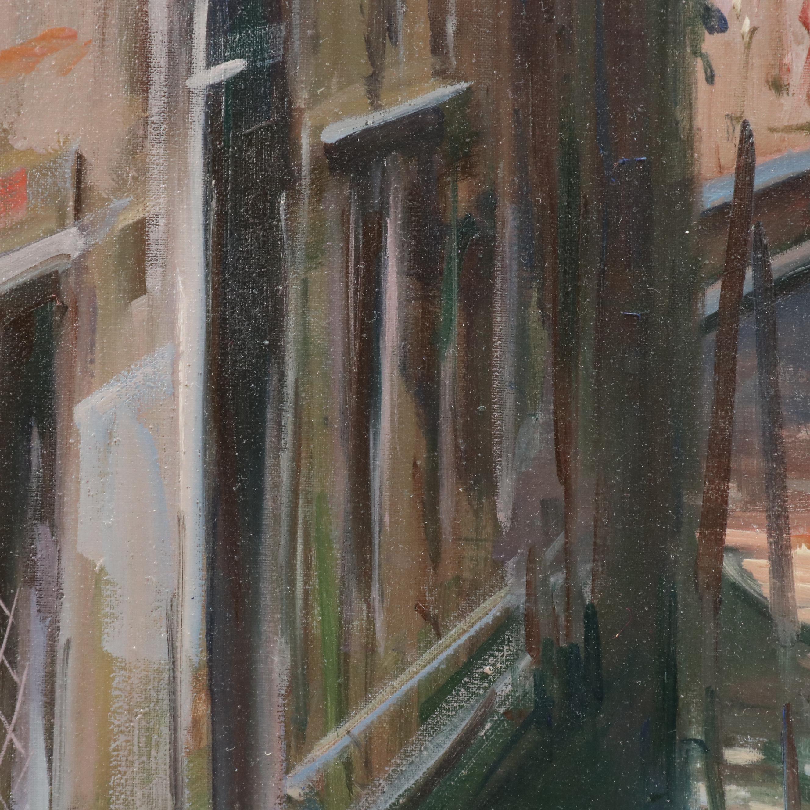 Claudio Simonetti Oil Painting of Venetian Canal with Gondola and Bridge