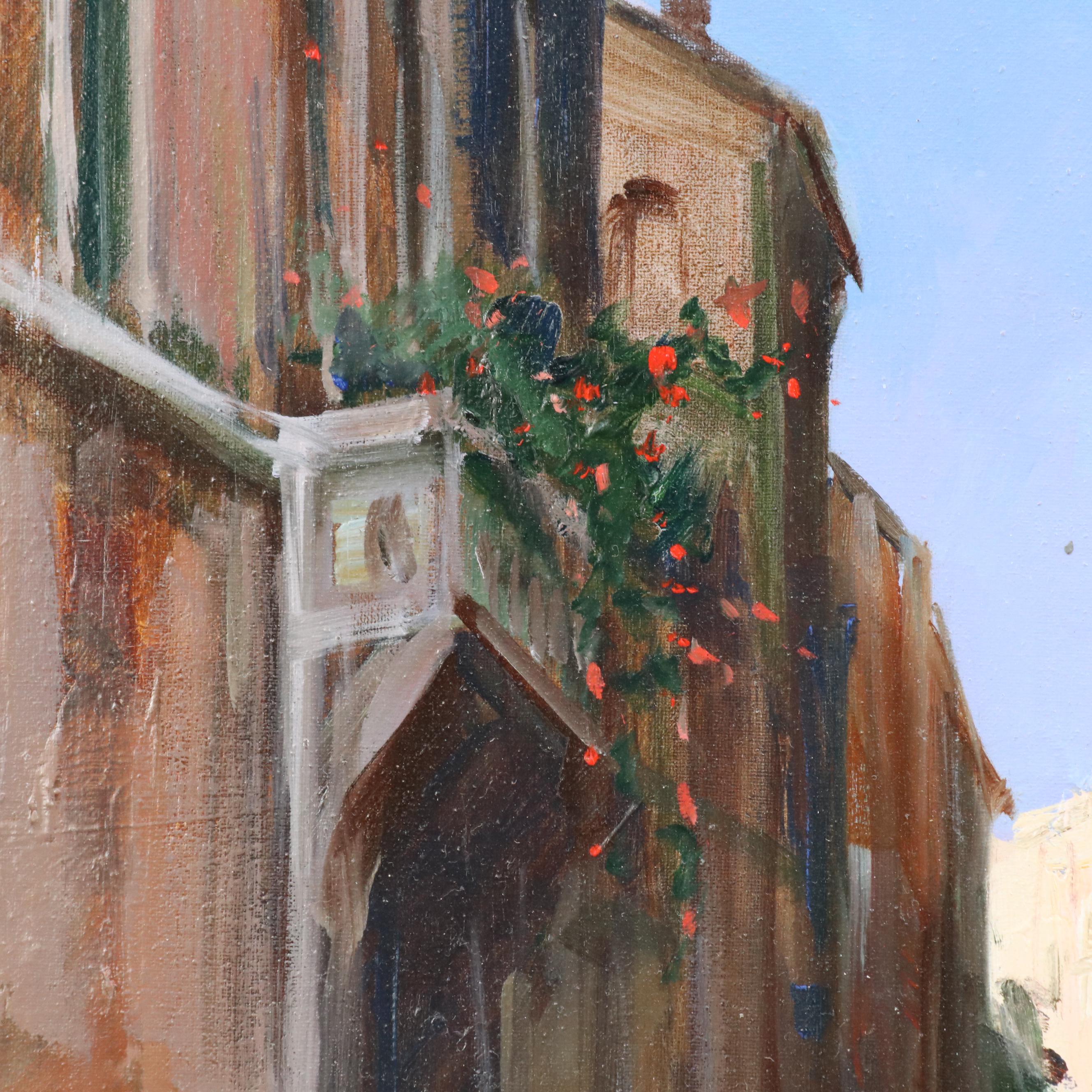 Claudio Simonetti Oil Painting of Venetian Canal with Gondola and Bridge