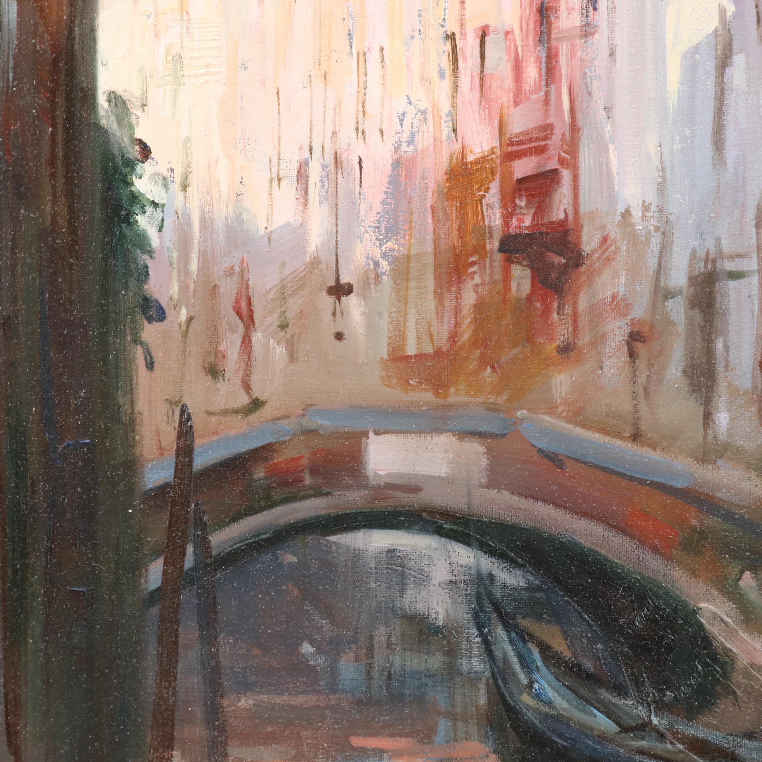 Claudio Simonetti Oil Painting of Venetian Canal with Gondola and Bridge