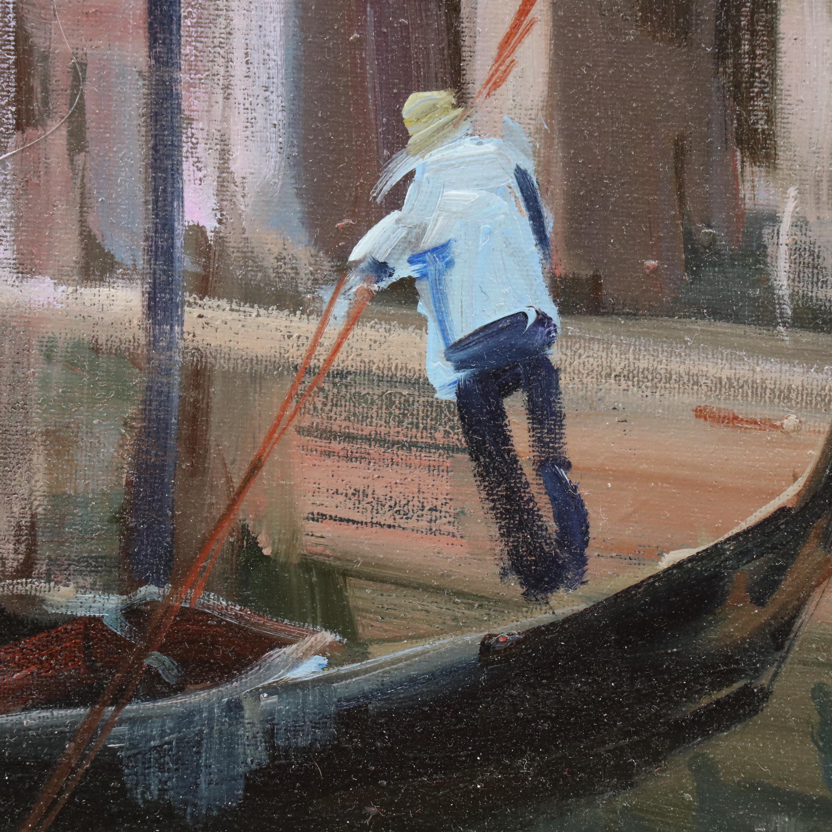 Claudio Simonetti Oil Painting of Venetian Canal with Gondola and Bridge