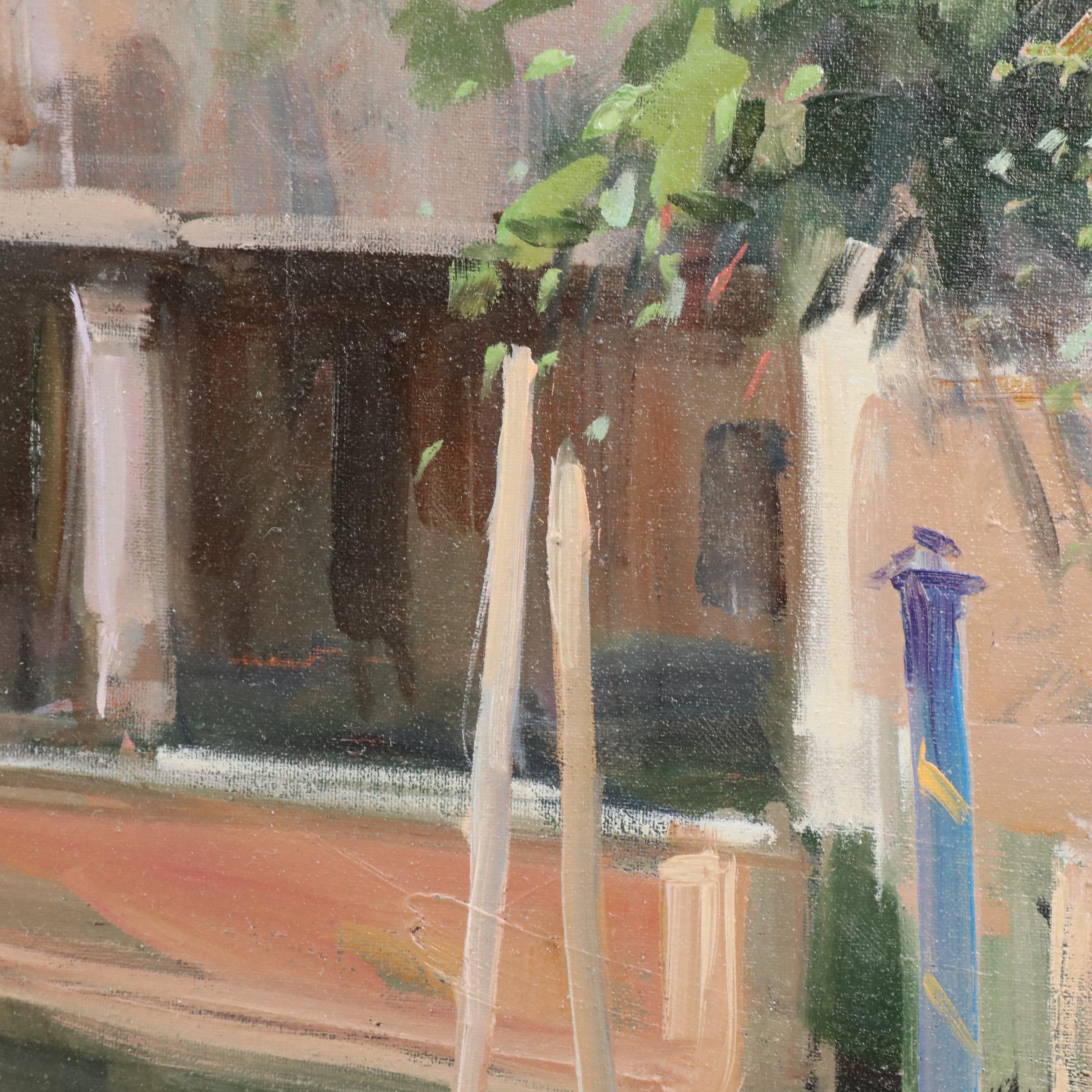 Claudio Simonetti Oil Painting of Venetian Canal with Gondola and Bridge