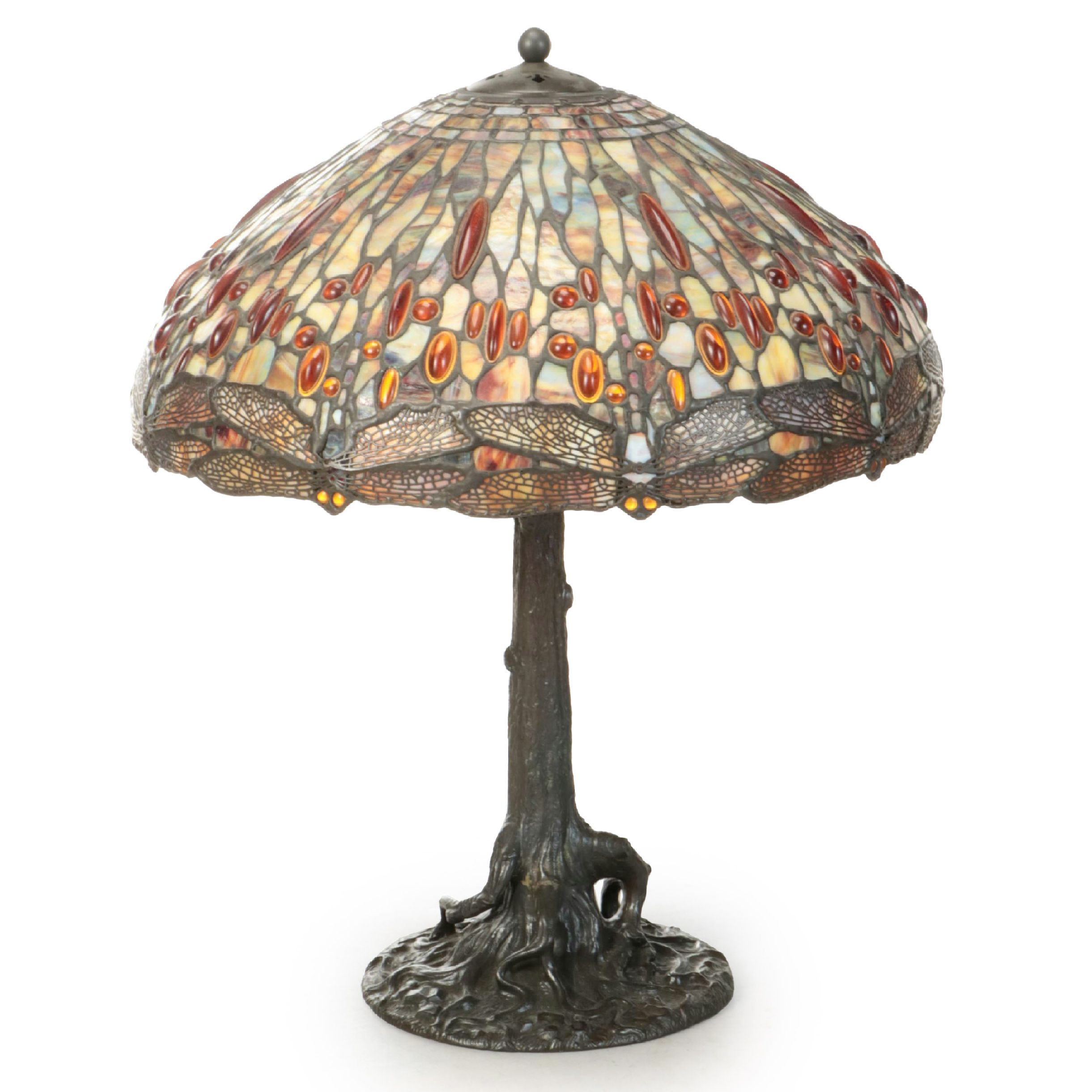 Dale Tiffany Art Nouveau Style Tree Trunk Lamp with Dragonfly Slag Glass Shade
