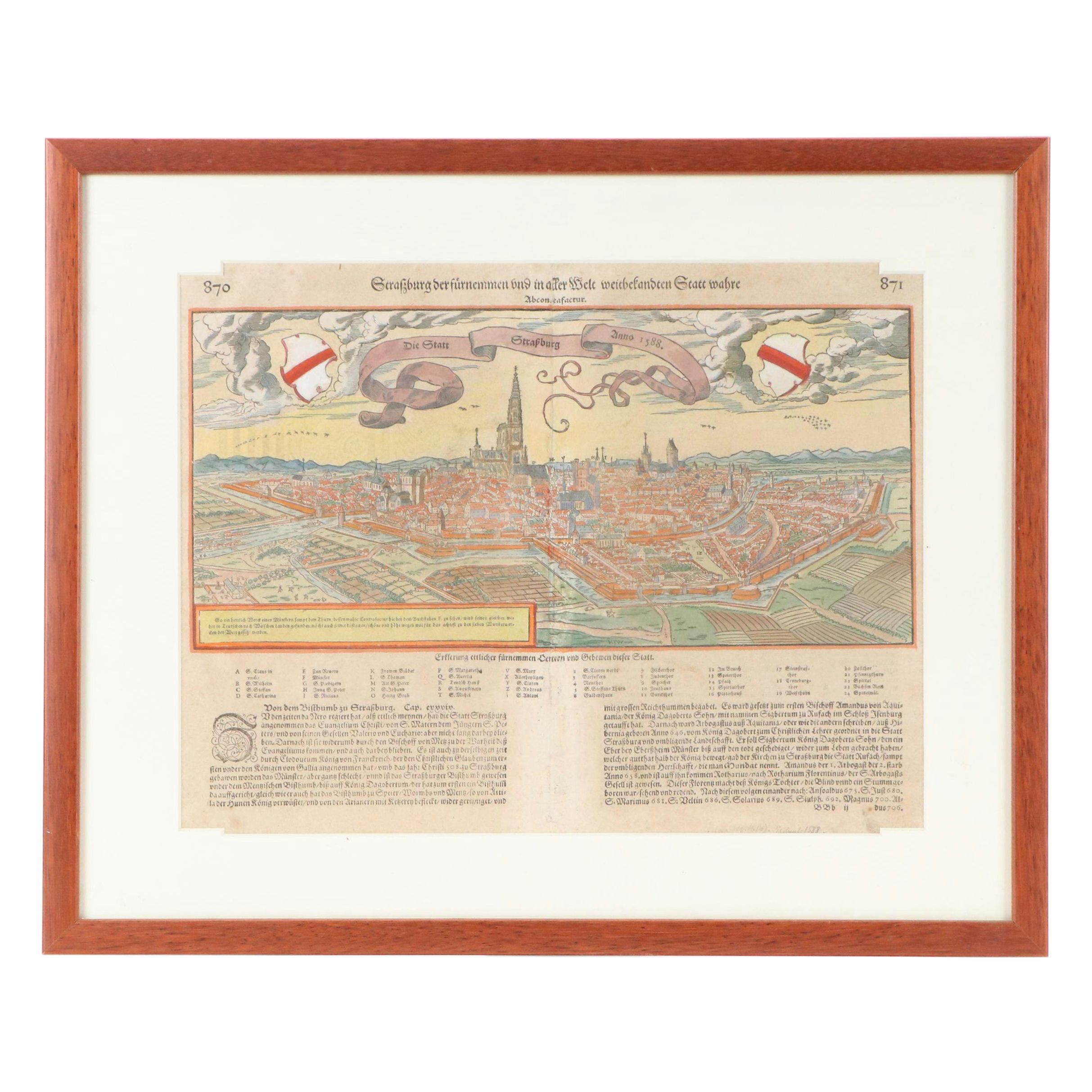 Sebastian Münster Antique Wood Engraving "Die Statt Strazbourg"