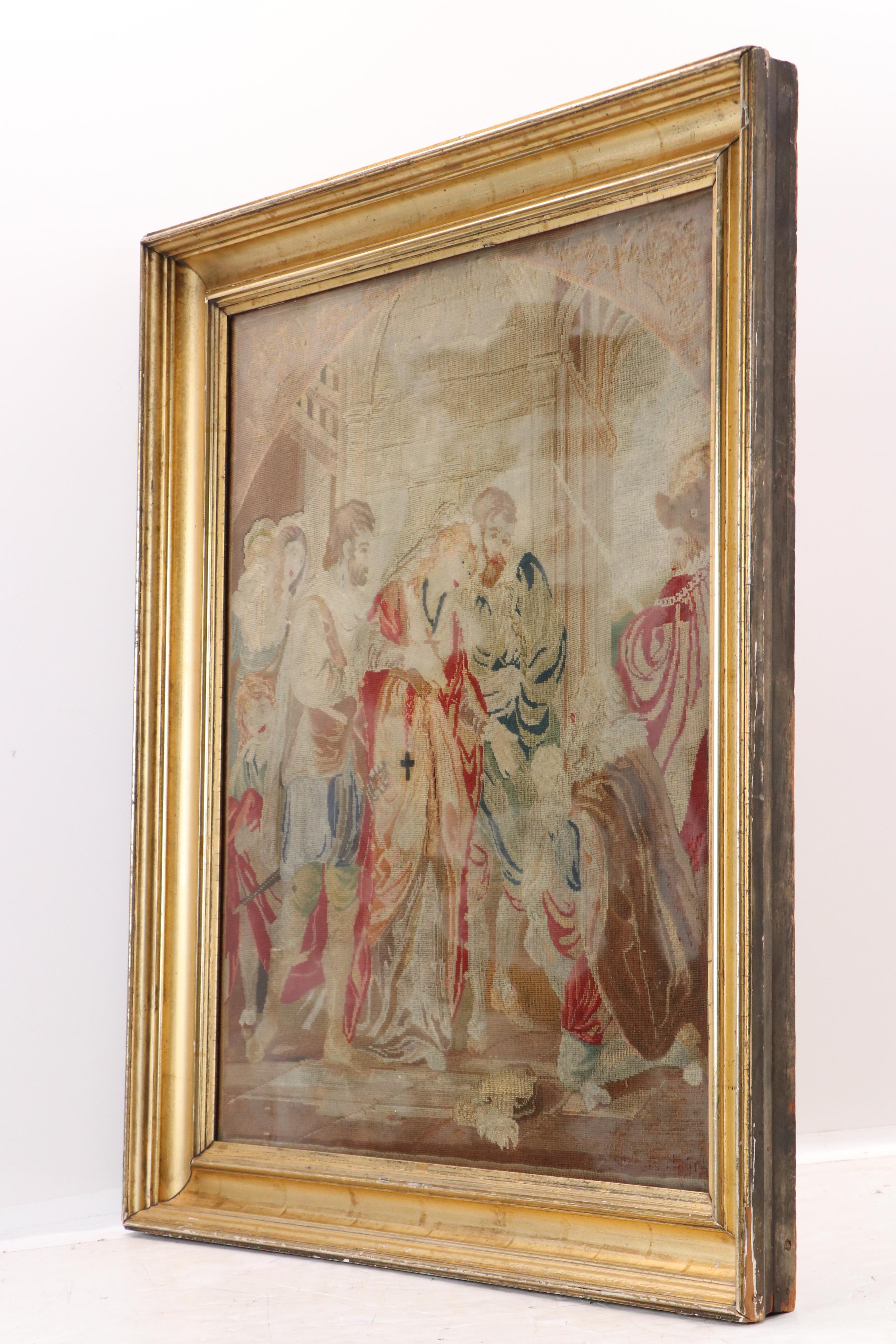 European School Needlepoint Embroidery of Court Scene With Figures