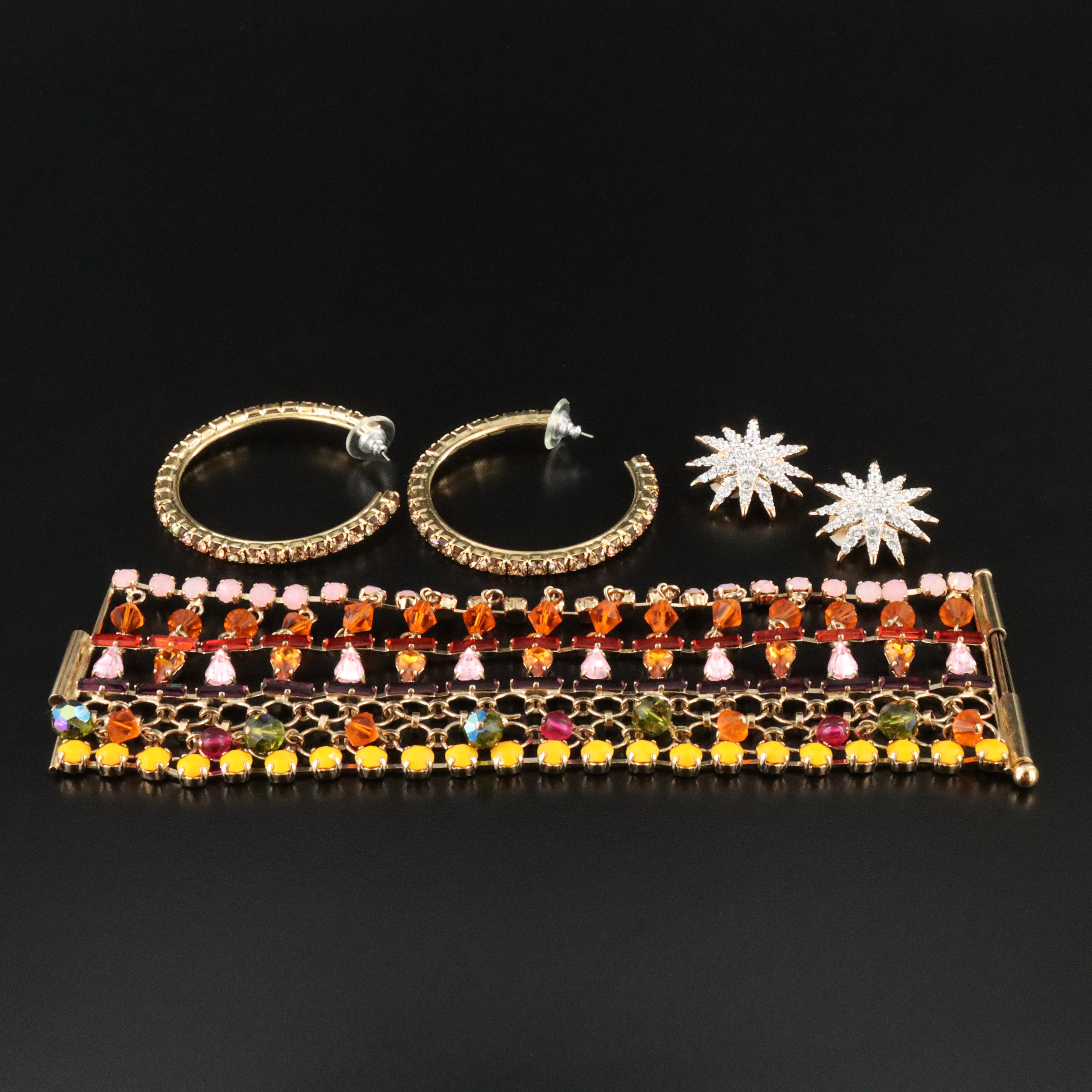 Hoop Earrings, Daniel Swarovski Bracelet and Swarovski Star Earrings