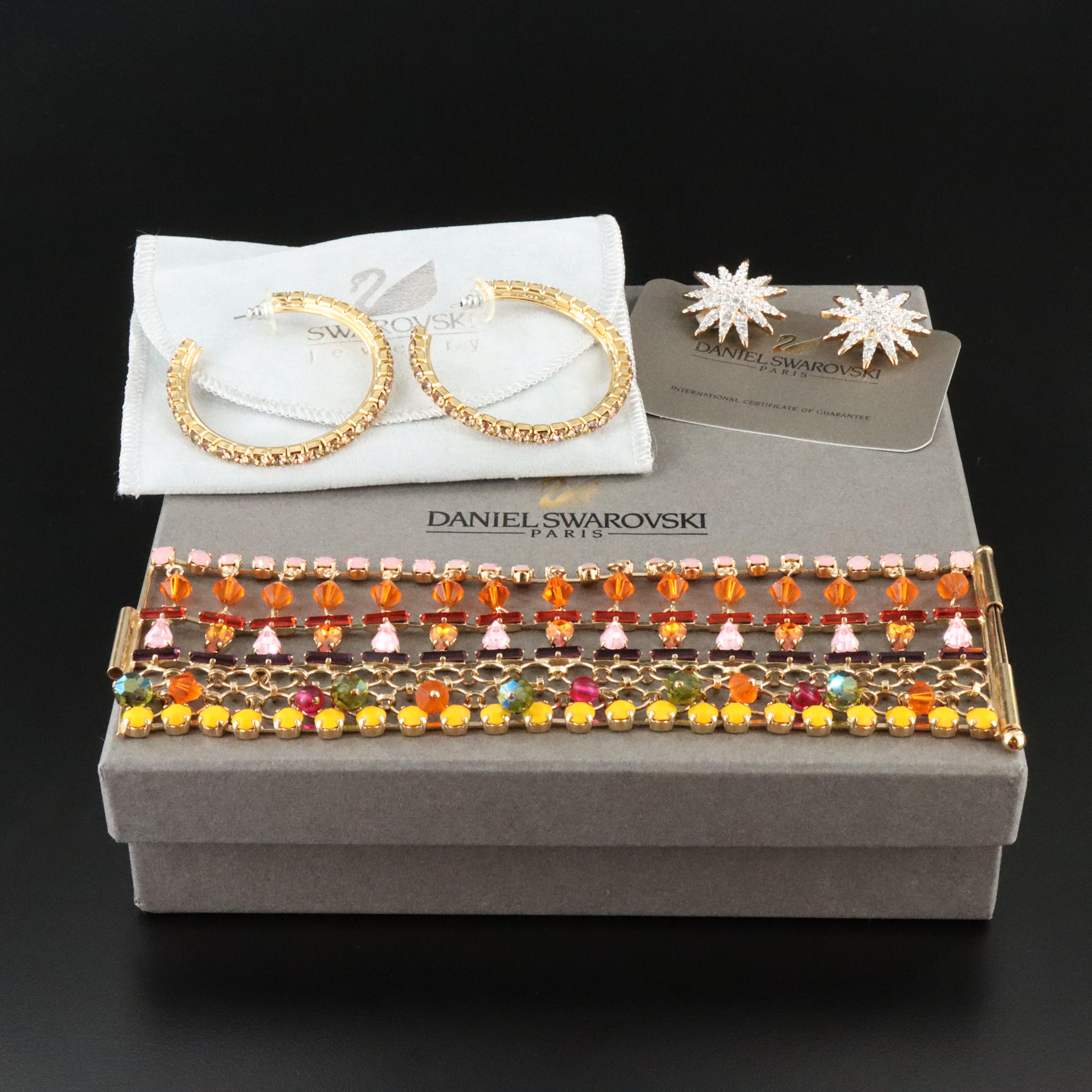 Hoop Earrings, Daniel Swarovski Bracelet and Swarovski Star Earrings