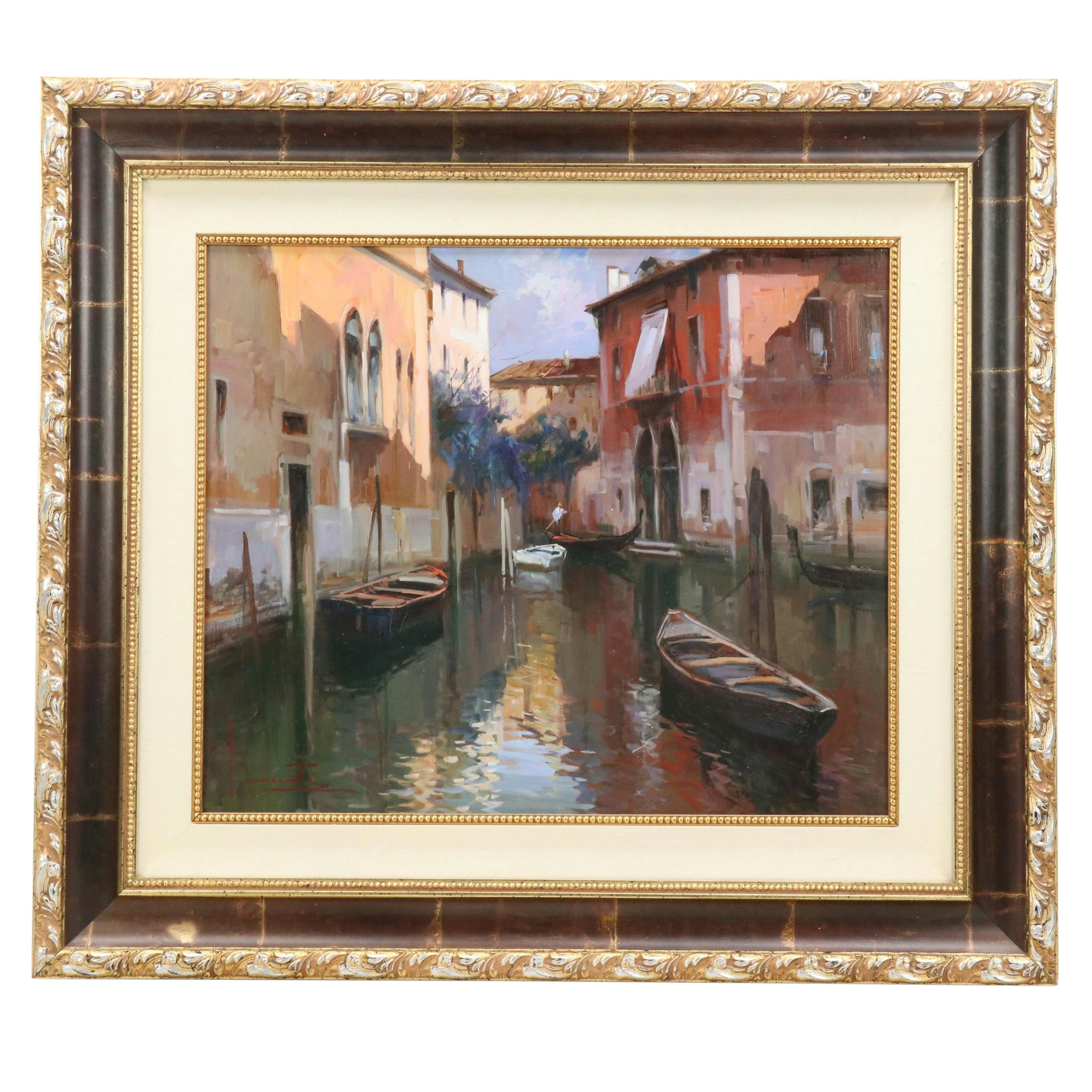 Claudio Simonetti Oil Painting of Venetian Canal with Gondolas
