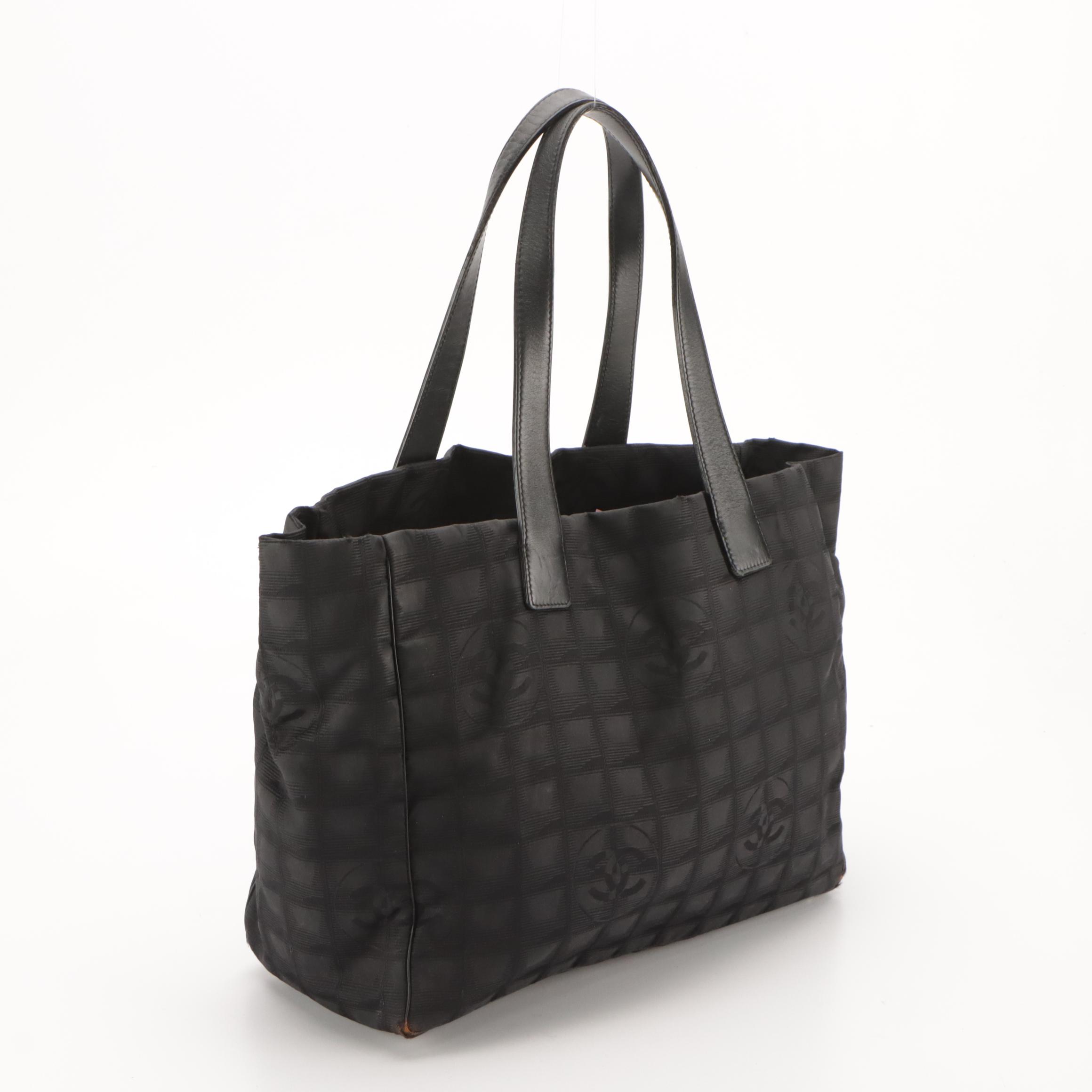 Chanel Travel Ligne Shoulder Tote in Black CC Nylon Jacquard with Leather Trim
