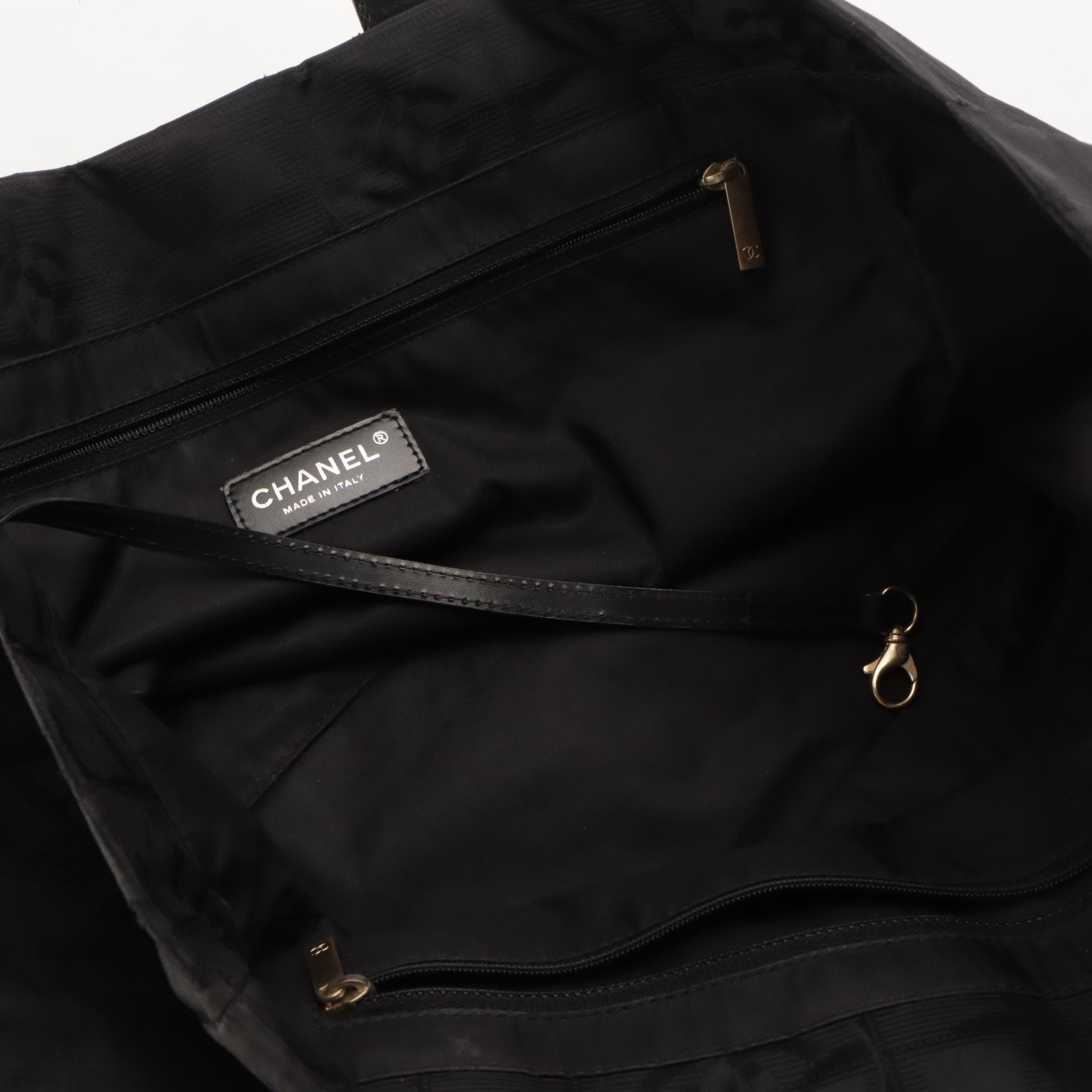 Chanel Travel Ligne Shoulder Tote in Black CC Nylon Jacquard with Leather Trim