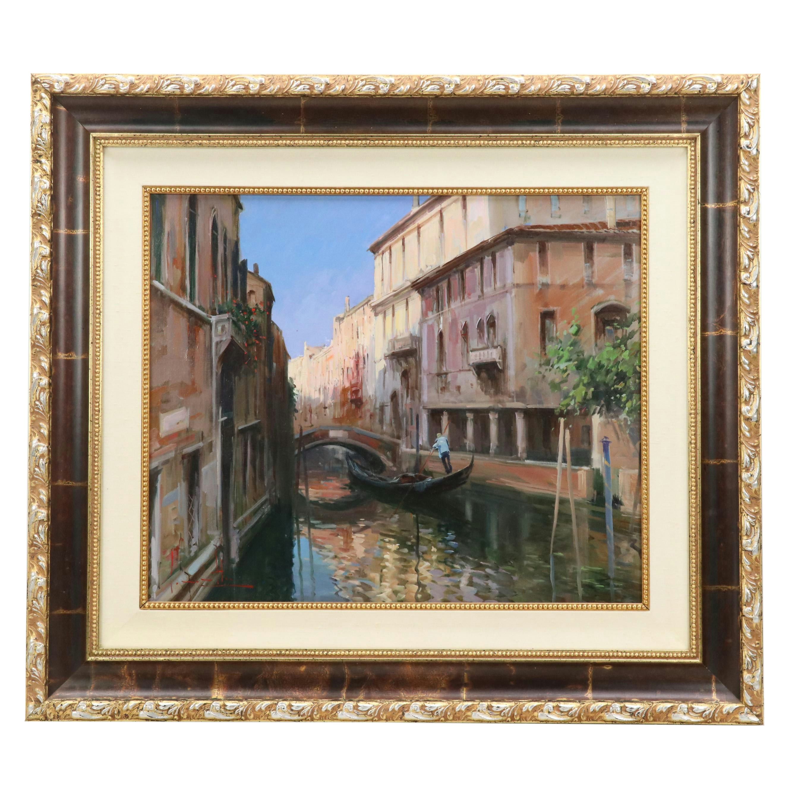 Claudio Simonetti Oil Painting of Venetian Canal with Gondola and Bridge