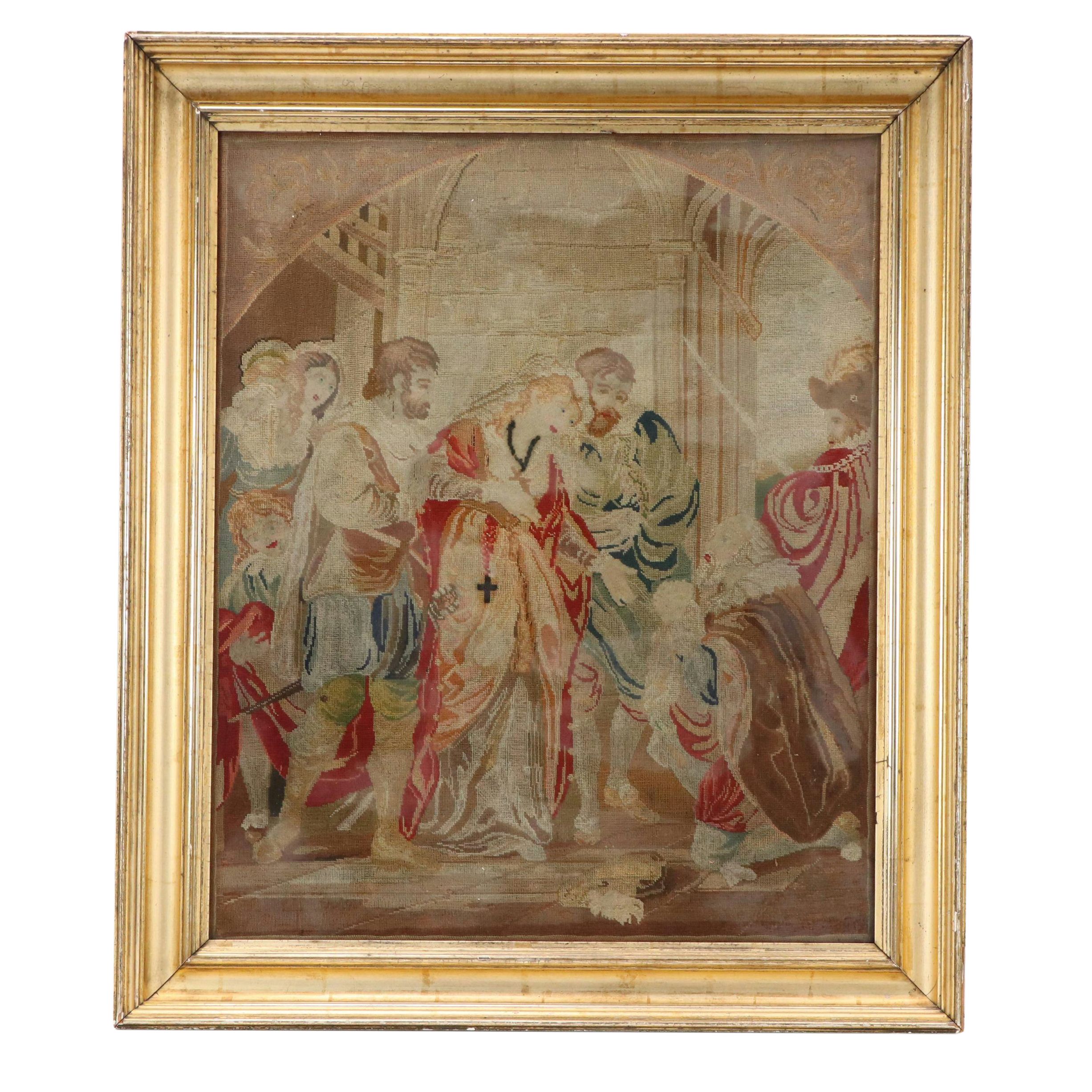 European School Needlepoint Embroidery of Court Scene With Figures