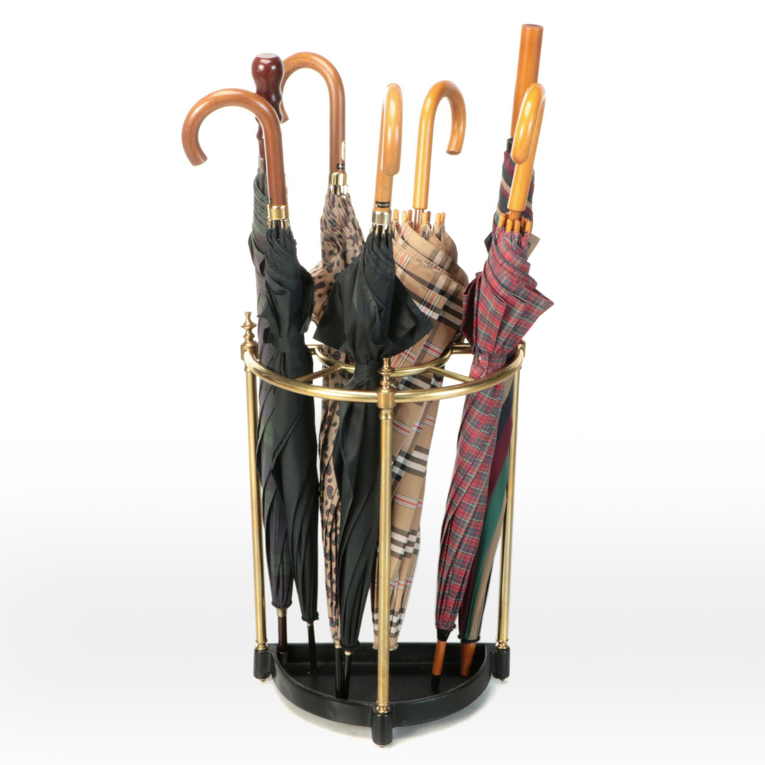 Brass and Cast Iron Umbrella Stand with Ralph Lauren, Totes, and More Umbrellas