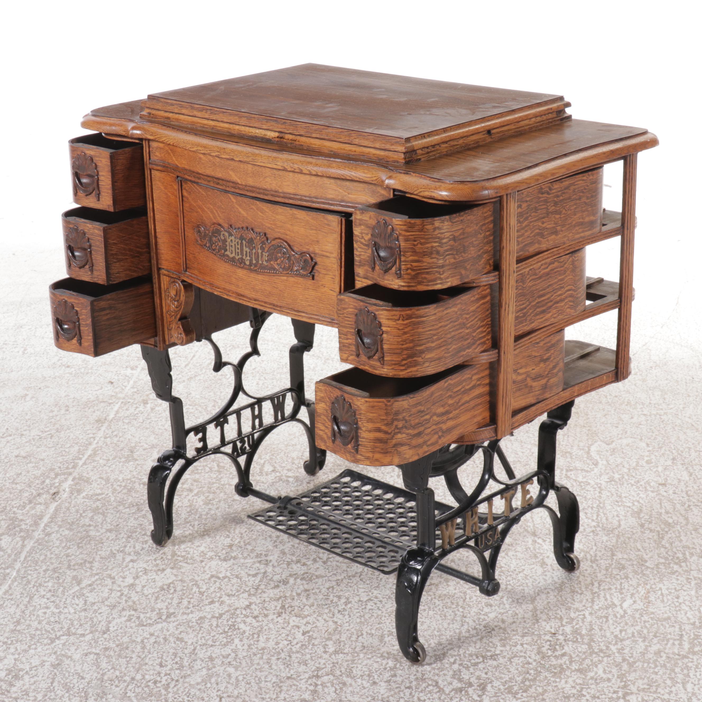White Antique Treadle Sewing Machine with Oak Table