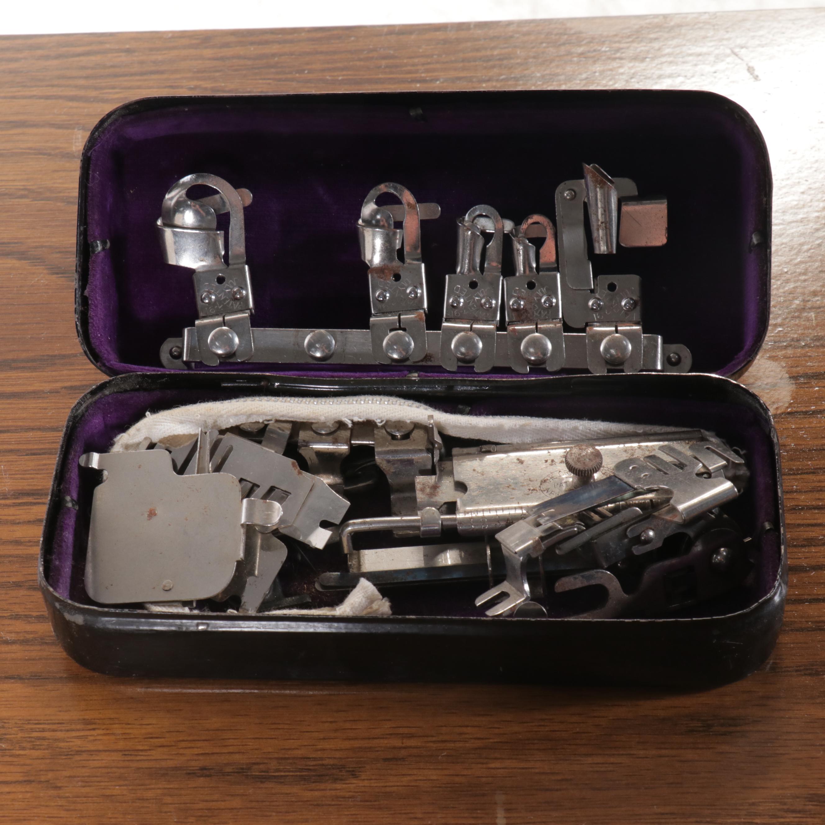 White Antique Treadle Sewing Machine with Oak Table