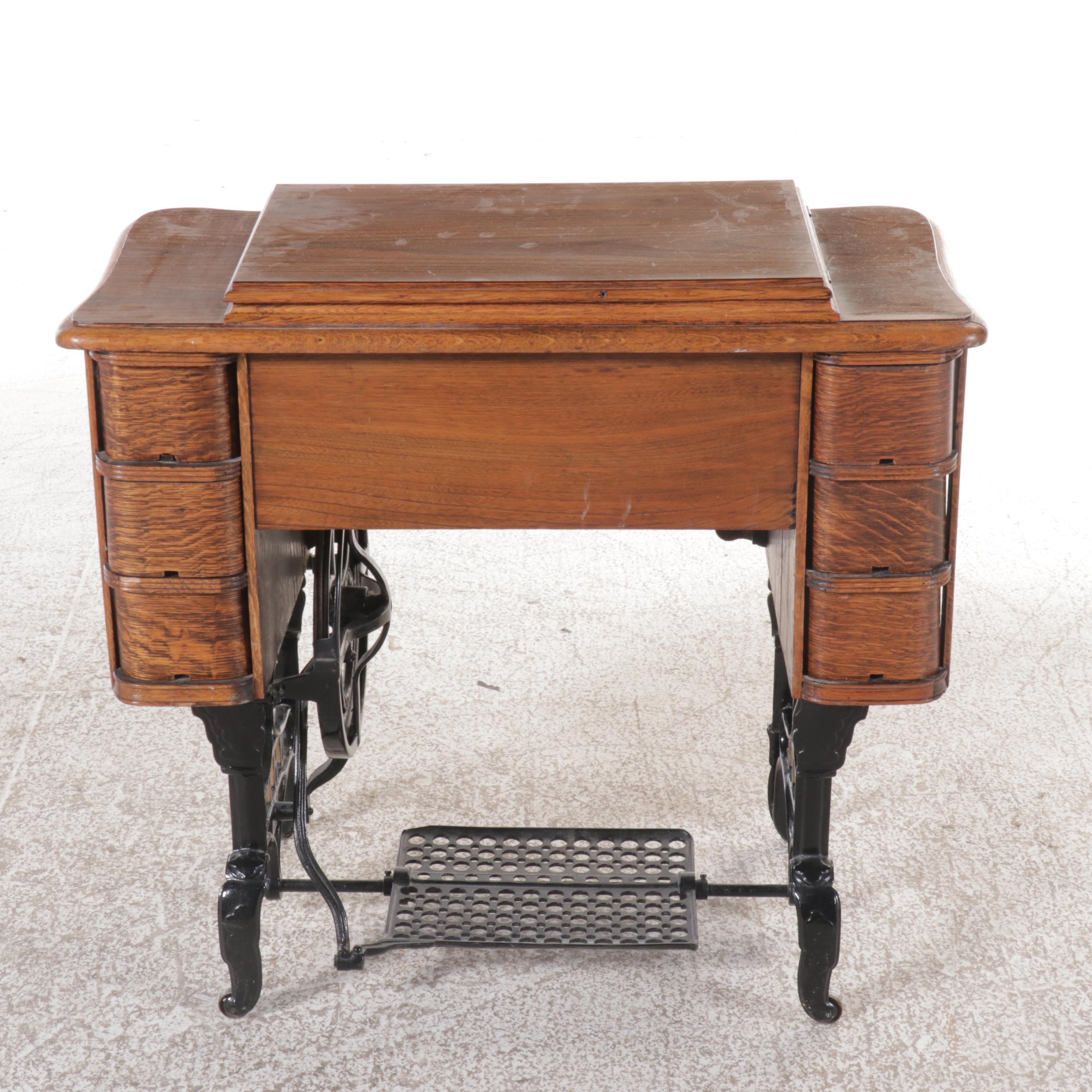 White Antique Treadle Sewing Machine with Oak Table