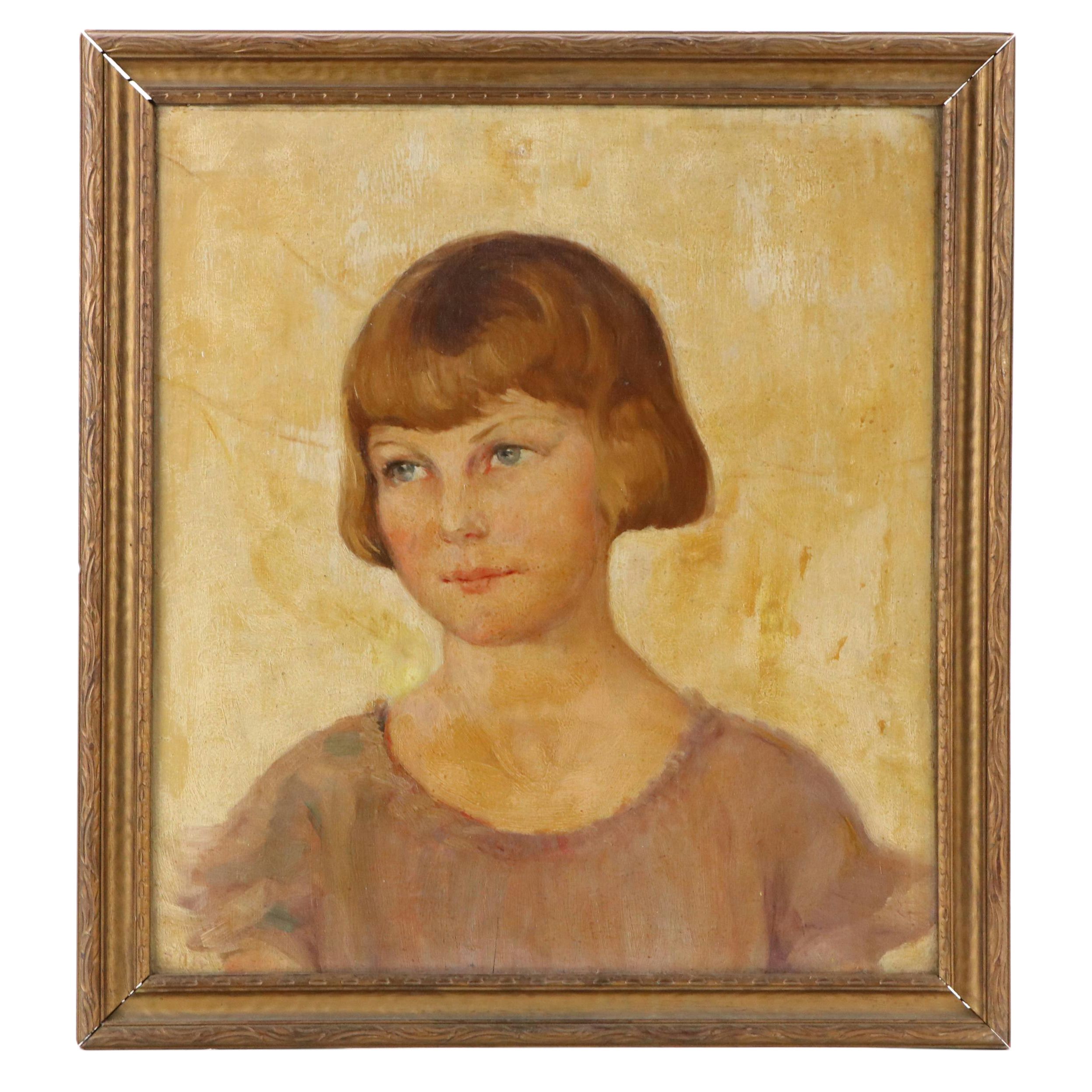 Portrait Oil Painting of Girl, Circa 1920