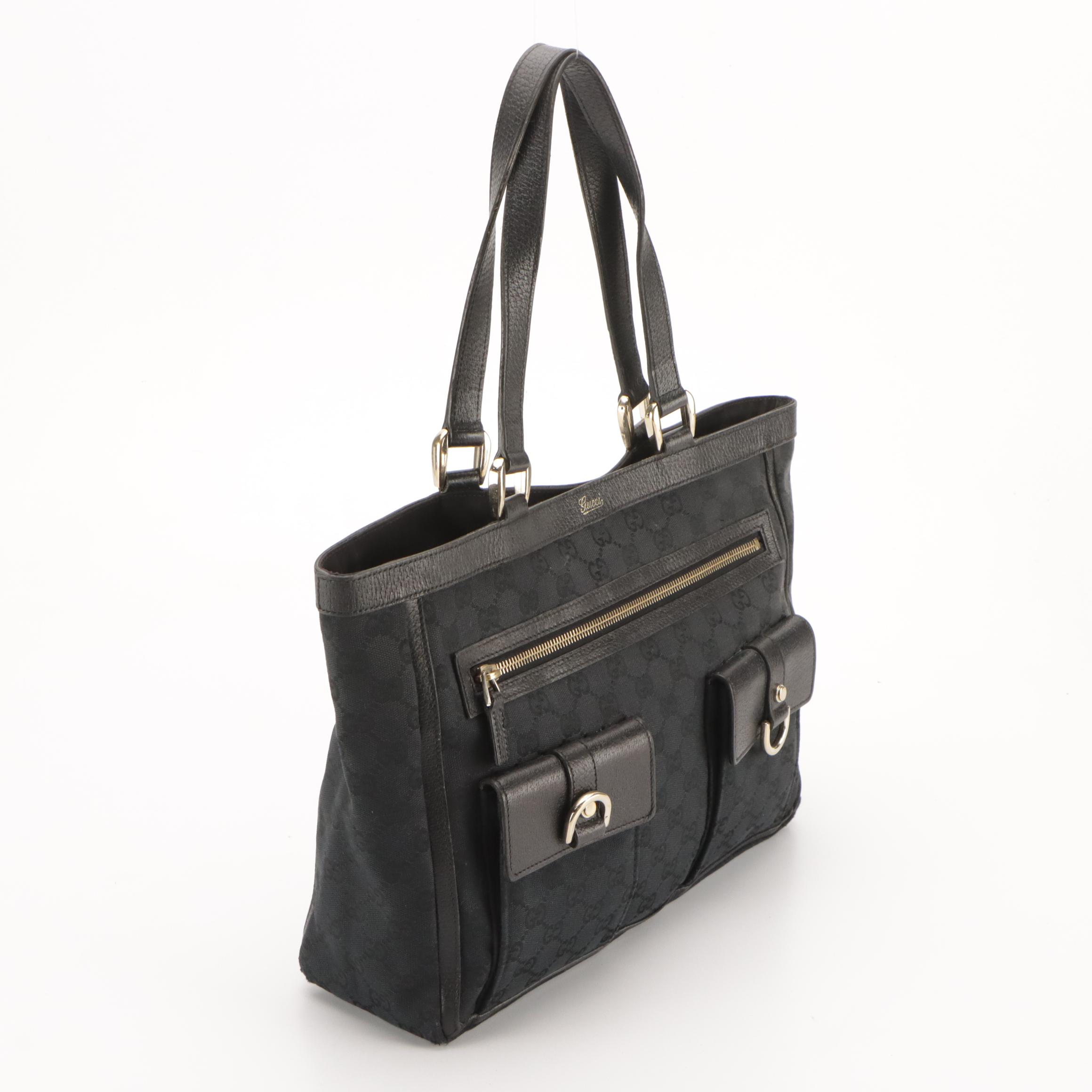 Gucci Abbey D-Ring Double Pocket Tote in Black GG Canvas and Leather Trim