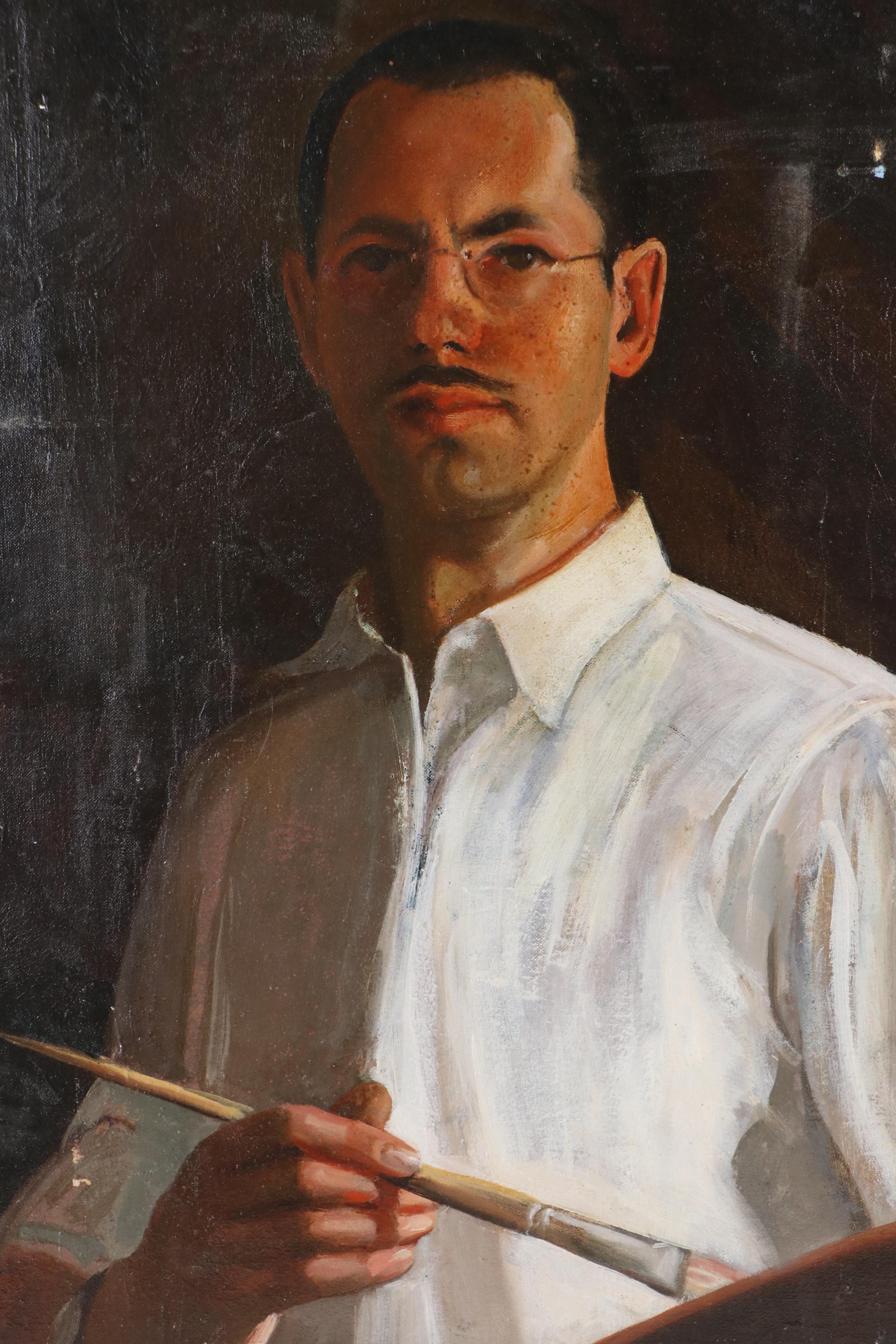 Oil Painting of Bespectacled Man's Self-Portrait
